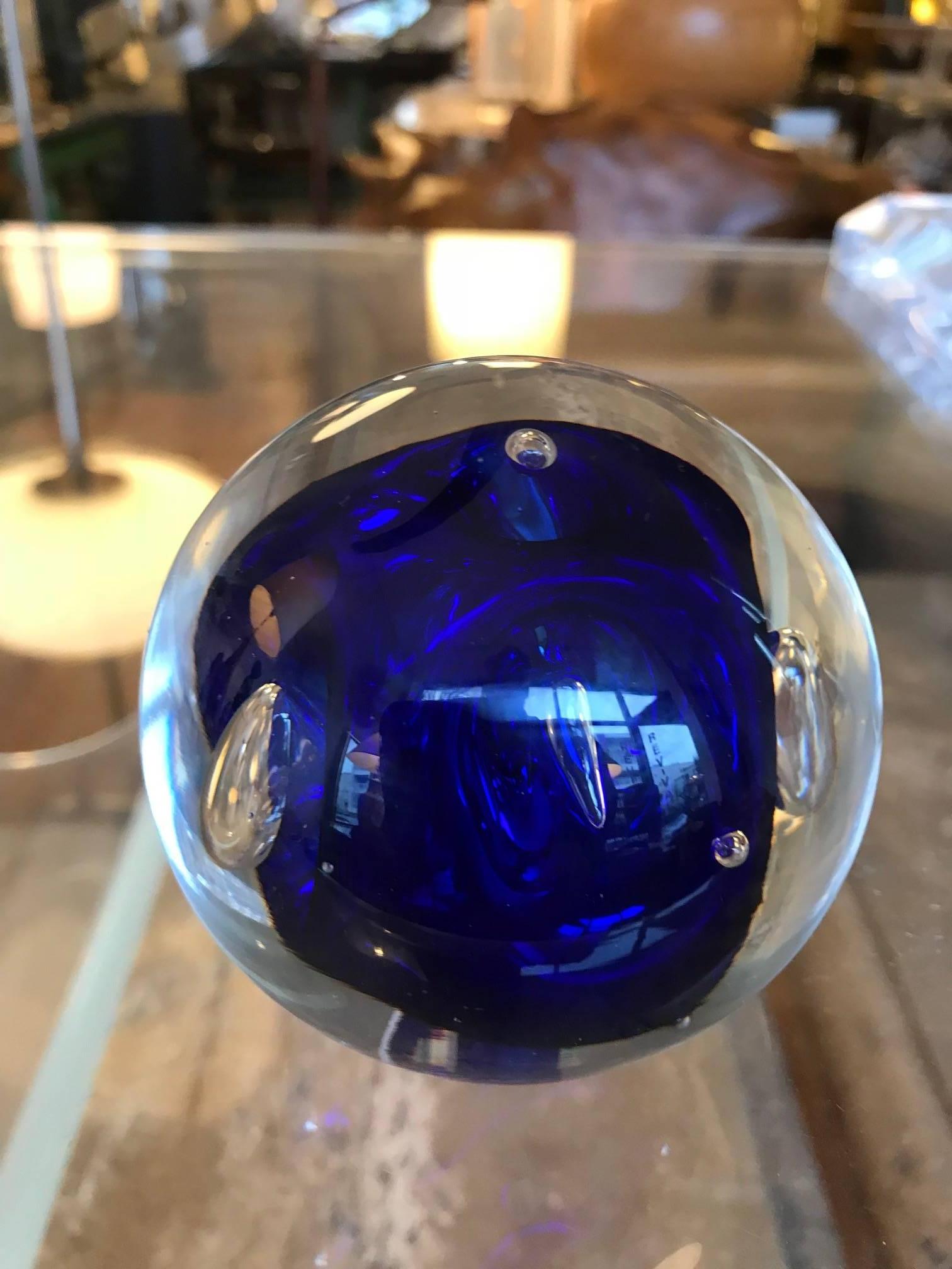 20th Century Murano Art Glass Round Paperweight with Cobalt Blue Inclusions