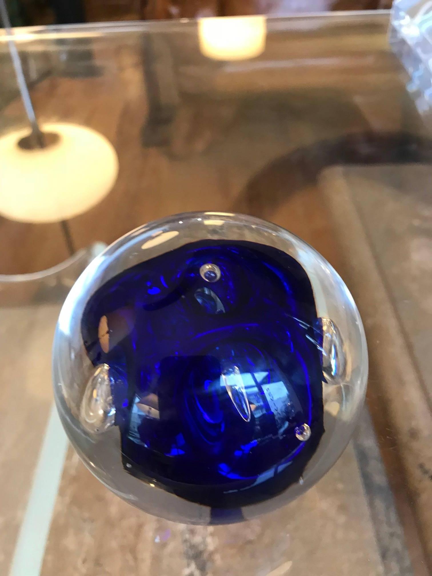 Blown Glass Murano Art Glass Round Paperweight with Cobalt Blue Inclusions