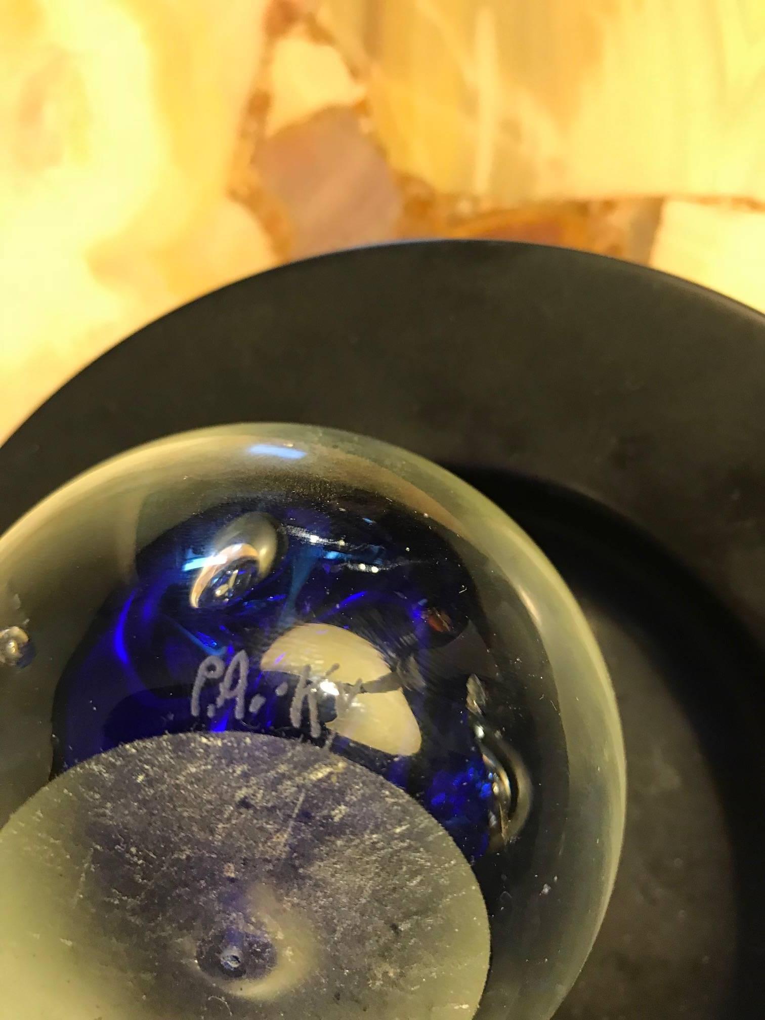 Murano Art Glass Round Paperweight with Cobalt Blue Inclusions 2