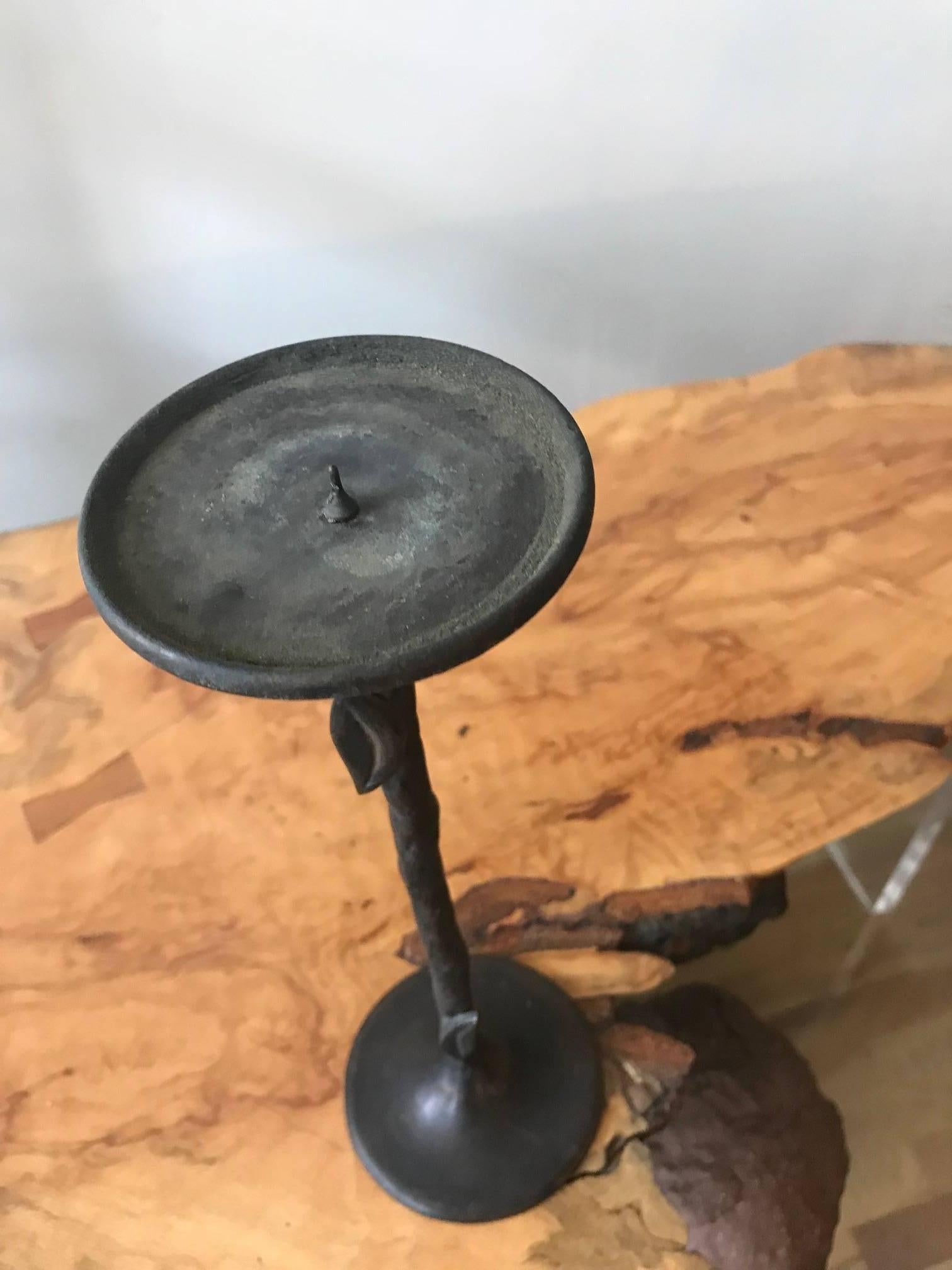 Hammered Giacometti Style Hand-Wrought Bronze Candleholder For Sale