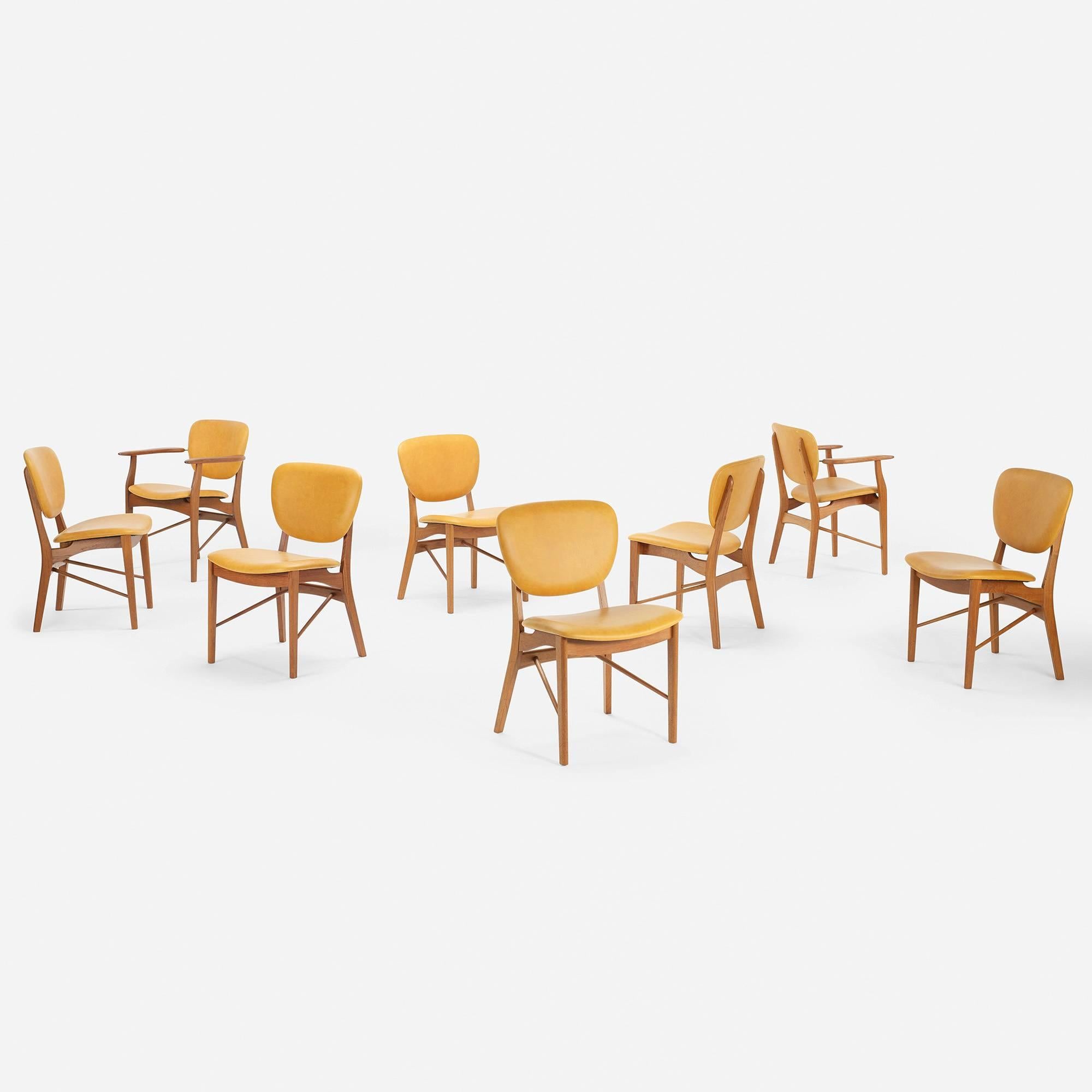 This set of chairs was in the collection of John H. Howe, architect and chief draftsman for Frank Lloyd Wright. Signed with branded manufacturer's mark to frame of each example: [Niels Vodder Cabinetmaker Copenhagen Denmark].

This chair design is