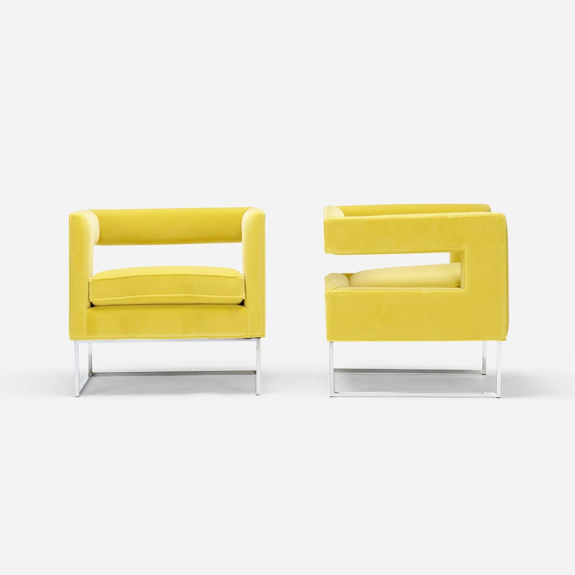 Chairs have been recently restored in a bright but pleasing yellow velvet. Stylish, compact and visually light, these would be ideal for nearly any setting.
