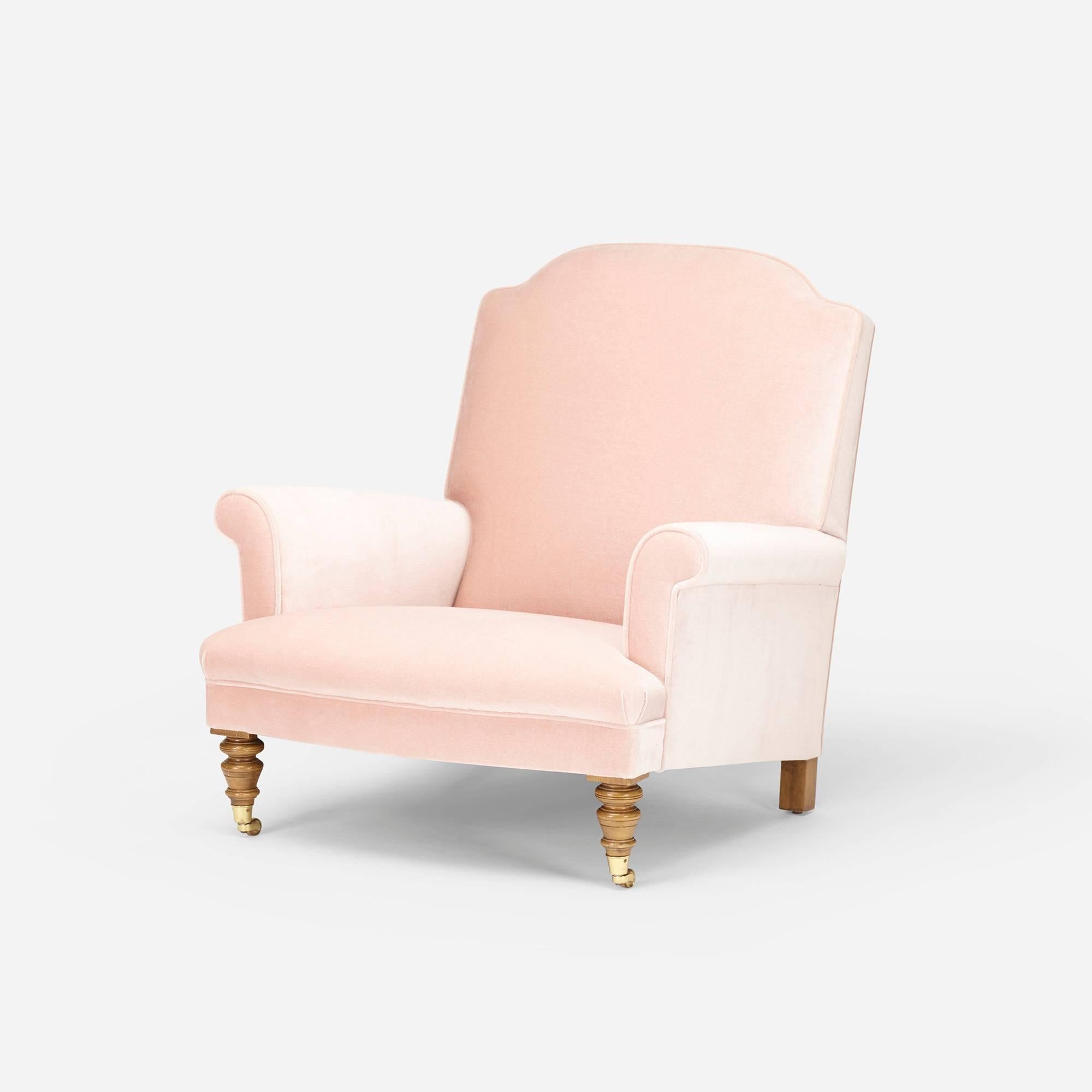 Chair has been recently updated in a soft, pale pink velvet.