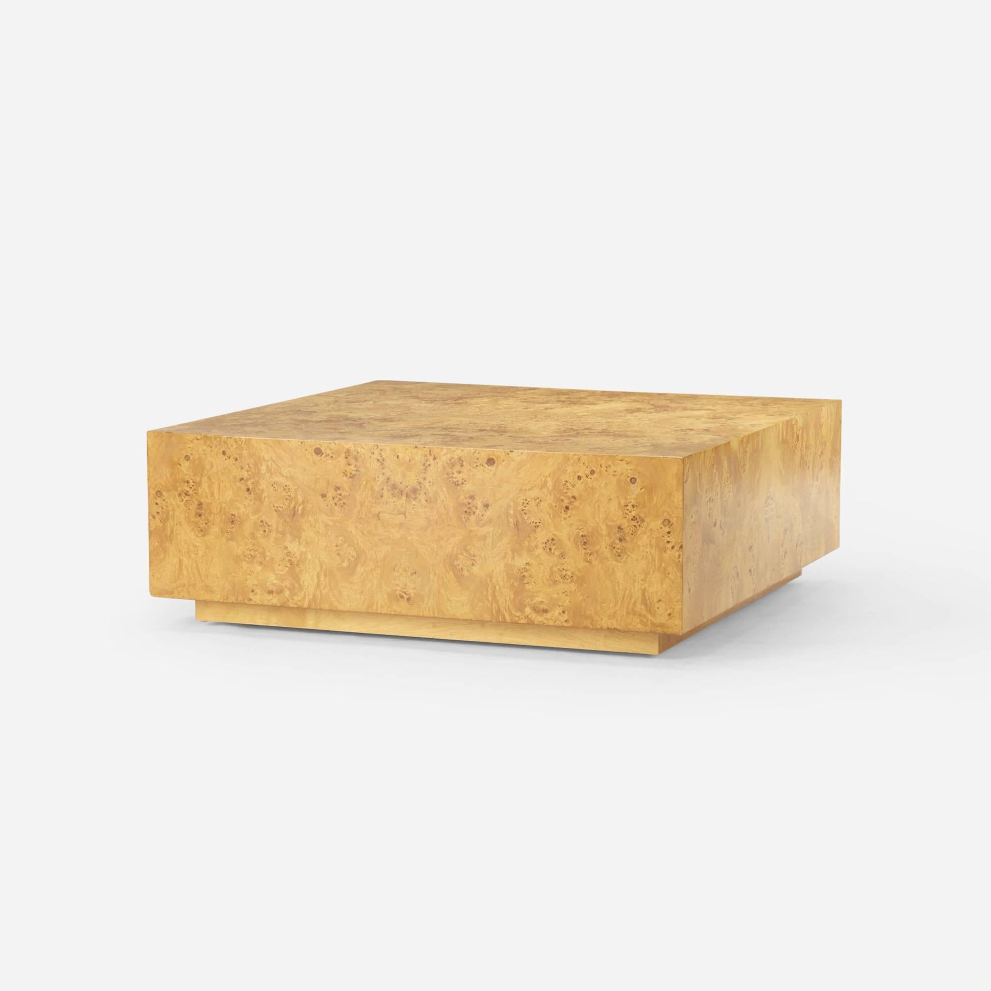 Wonderfully Minimalist, burl coffee table by Milo Baughman. A quiet player in any modern interior, this stabile, large square design can be loaded up with accessories and books or left to display its simple beauty.
