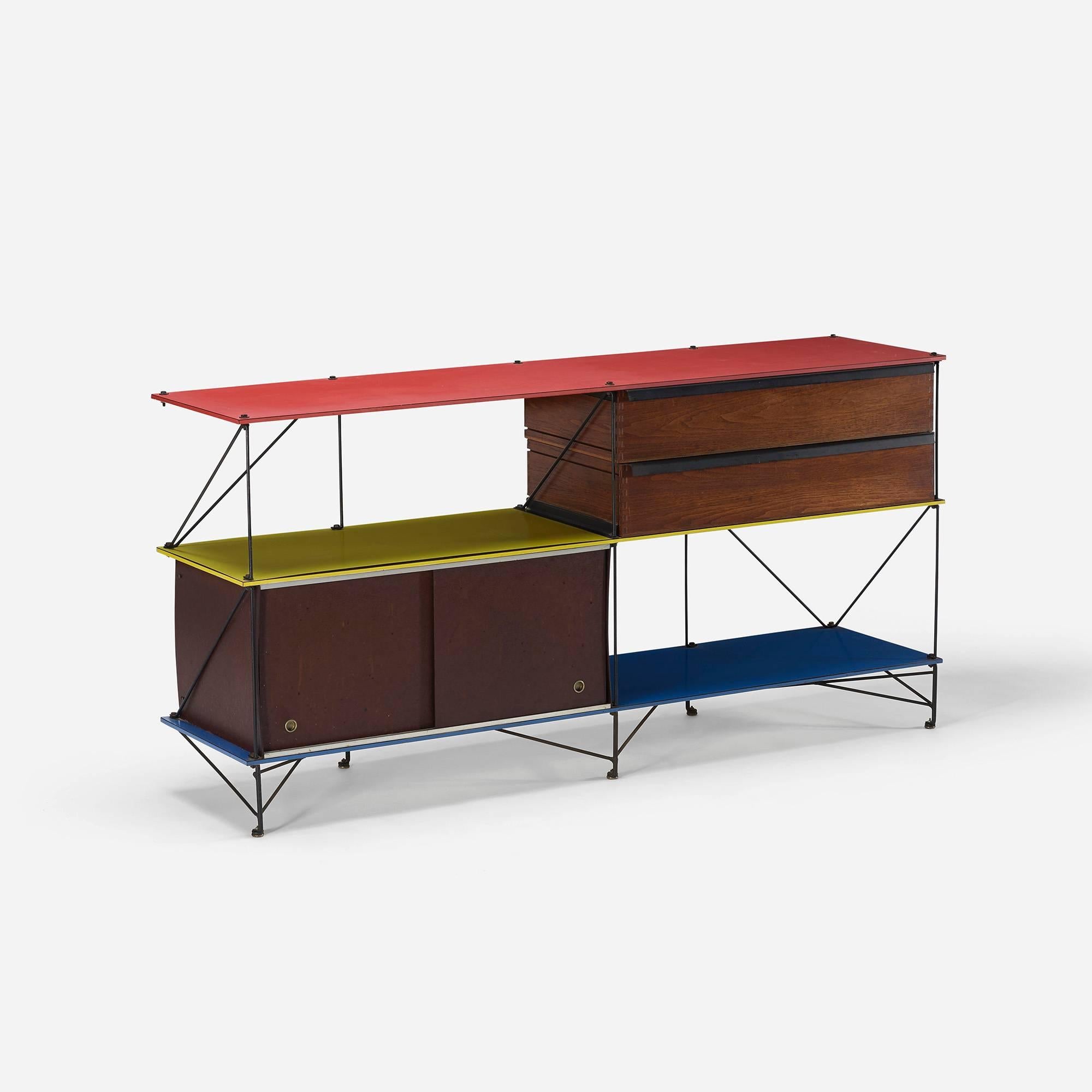 Cabinet features two drawers and two sliding doors concealing storage.

Created by a student of Chicago's Institute of Design, this storage cabinet epitomizes the constructivist and neo-plastic principles of the school's director, Laszlo