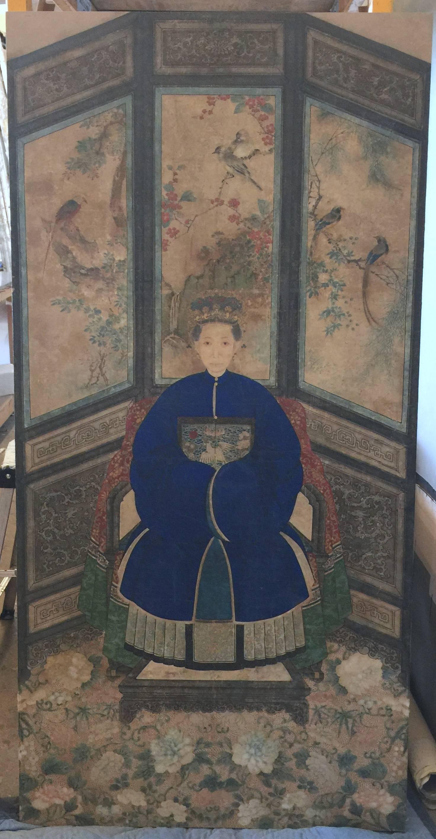 A beautifully painted and unusually detailed antique ancestor portrait.

The composition and perspective is unique, with very detailed design in the foreground and background.

Framed with an antiqued gold leaf frame.