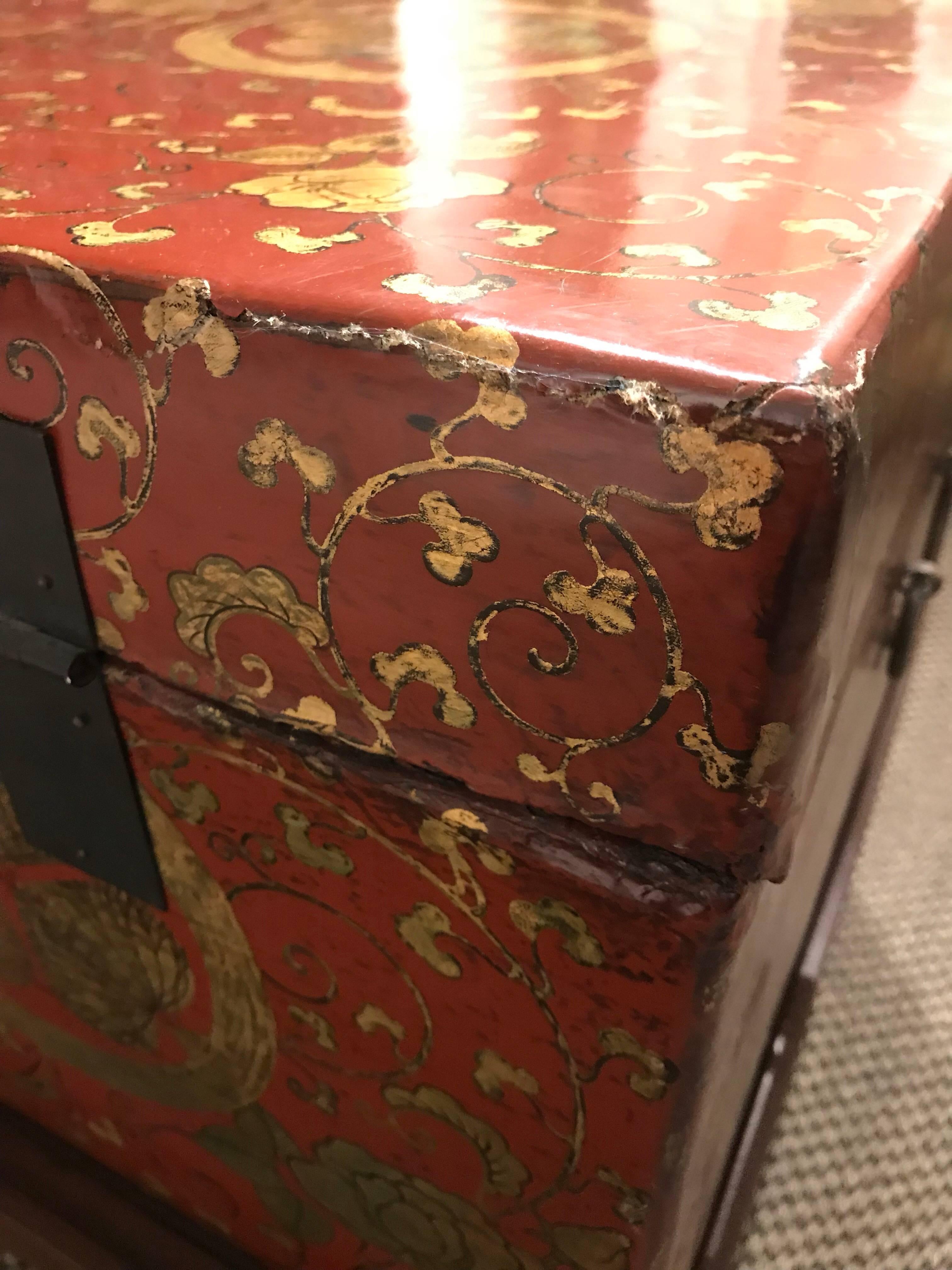 Early 20th Century Antique Chinese Red Leather Trunk