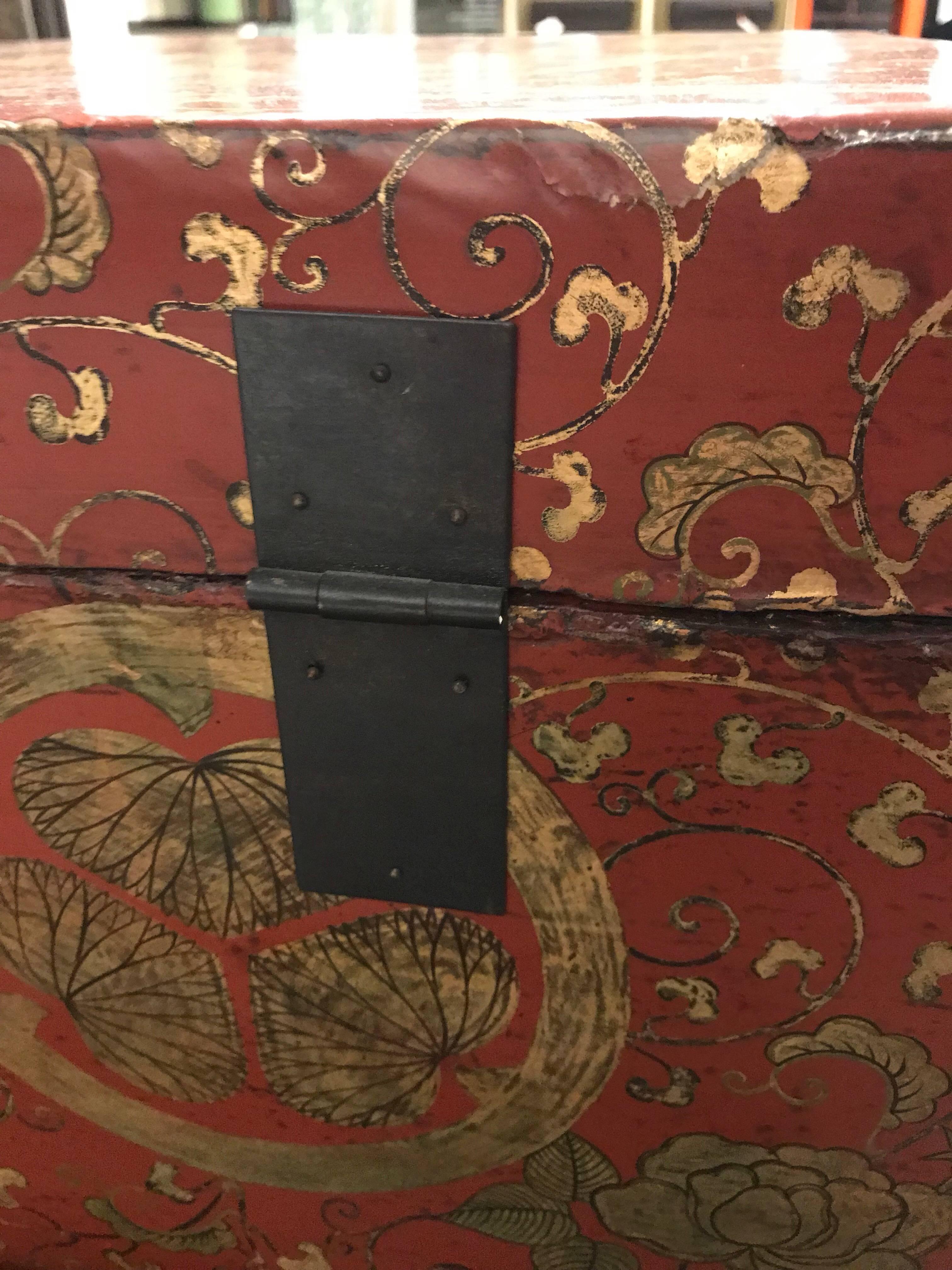 Antique Chinese Red Leather Trunk 1