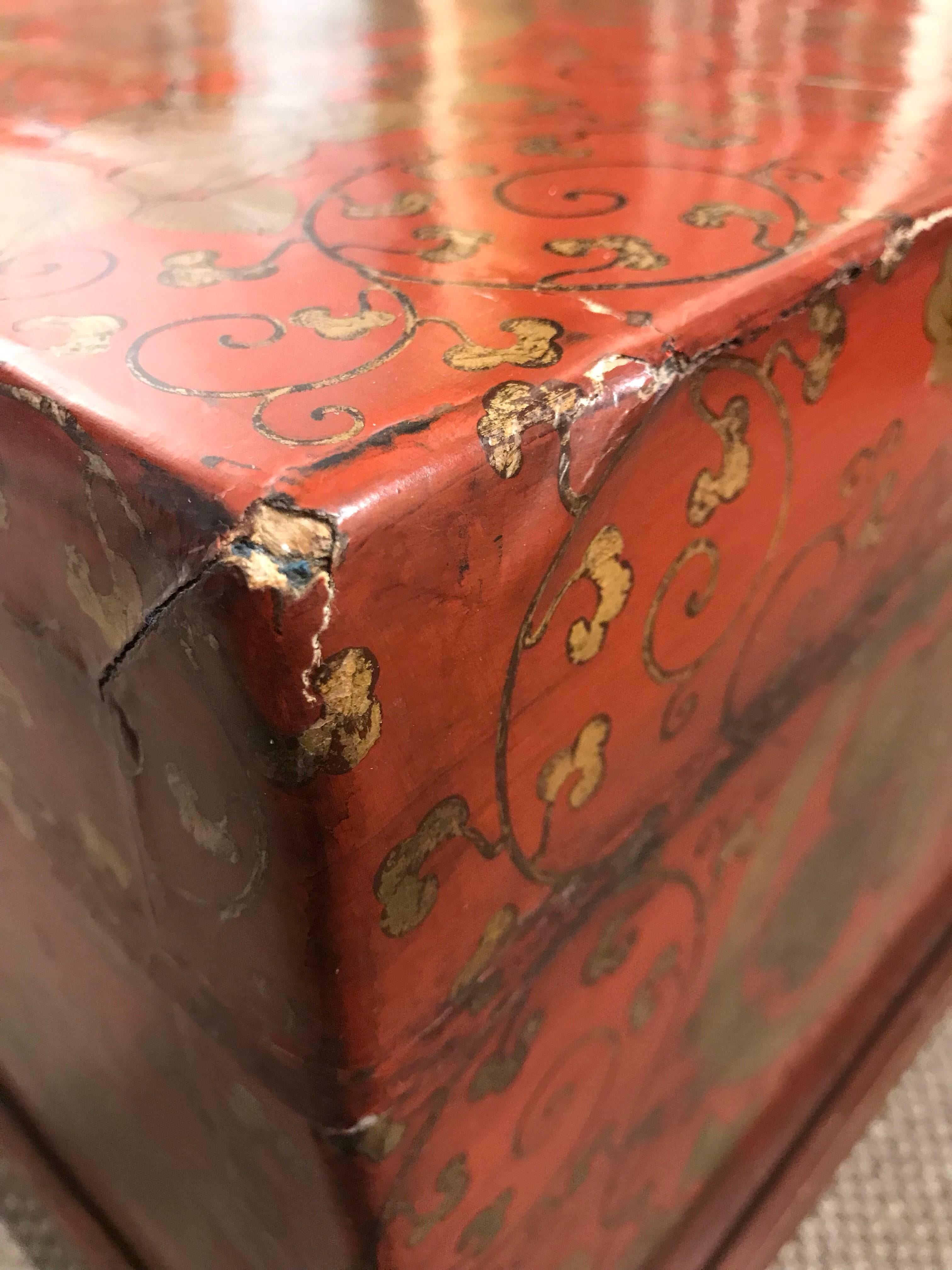 Antique Chinese Red Leather Trunk 2
