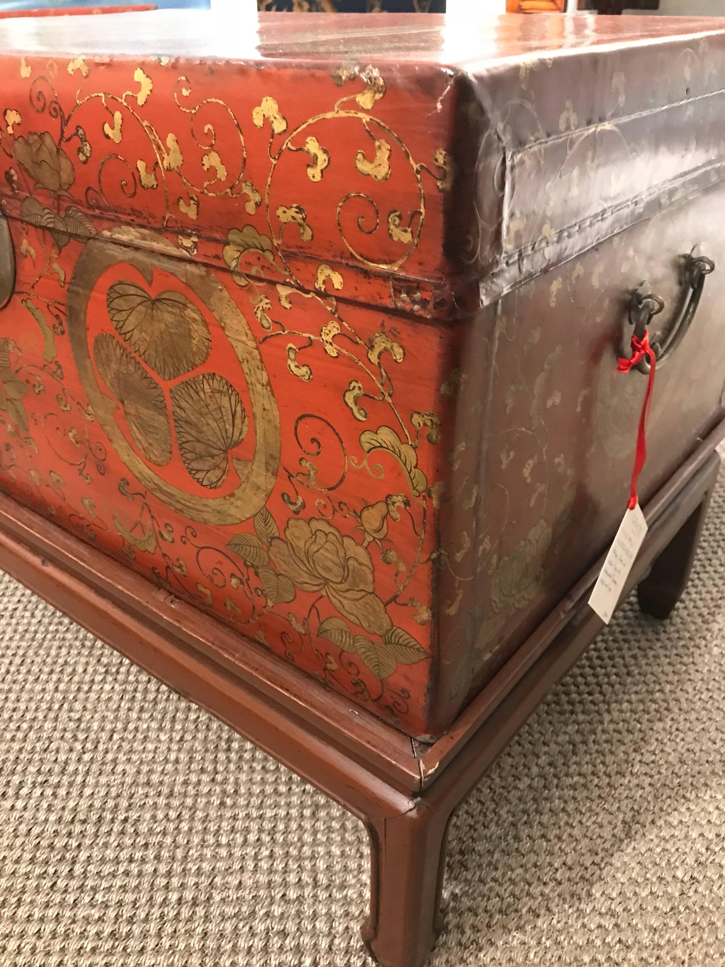 Antique Chinese Red Leather Trunk 4