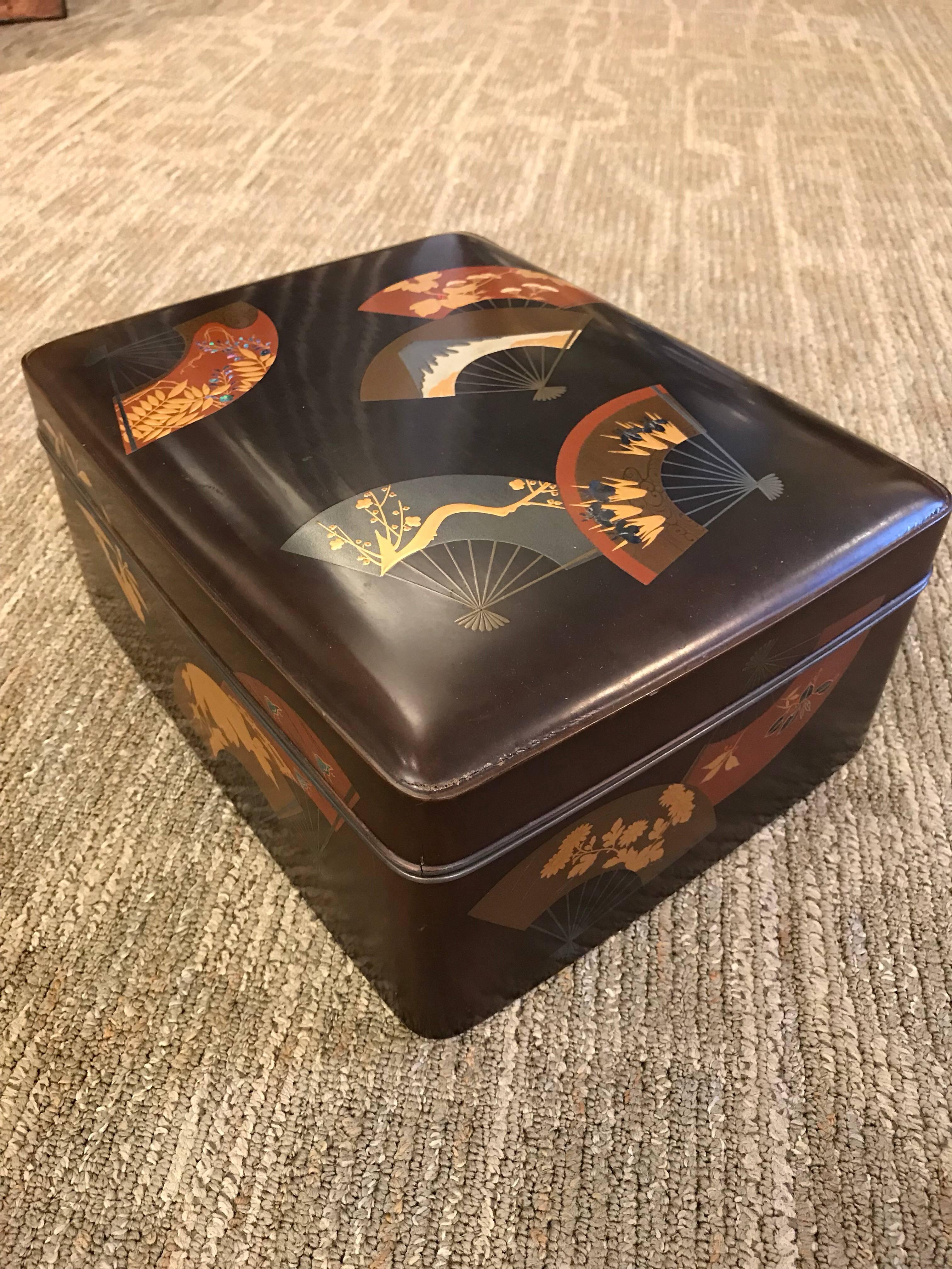 A beautiful early-mid 20th century Japanese lacquer box with design of scattered fans.