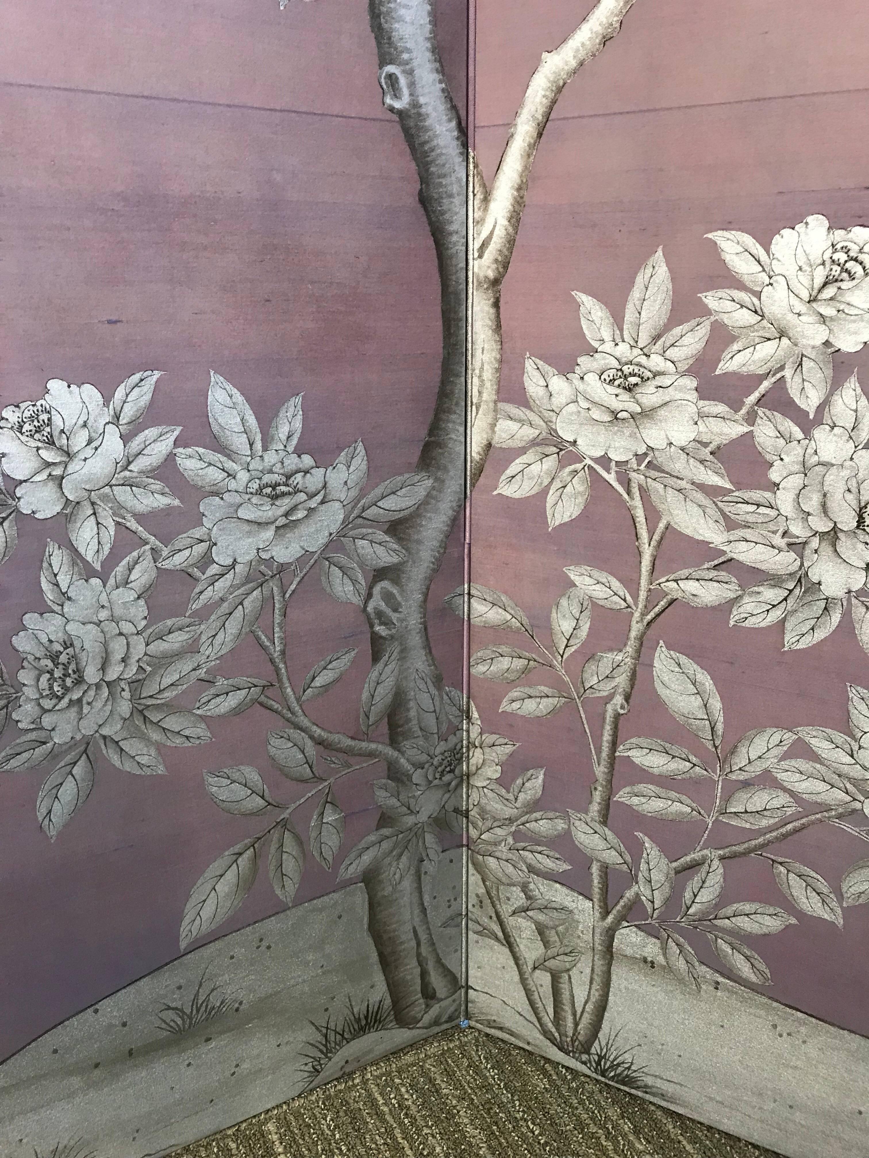 Contemporary Gracie Silk Hand-Painted Screen with Silver Design For Sale