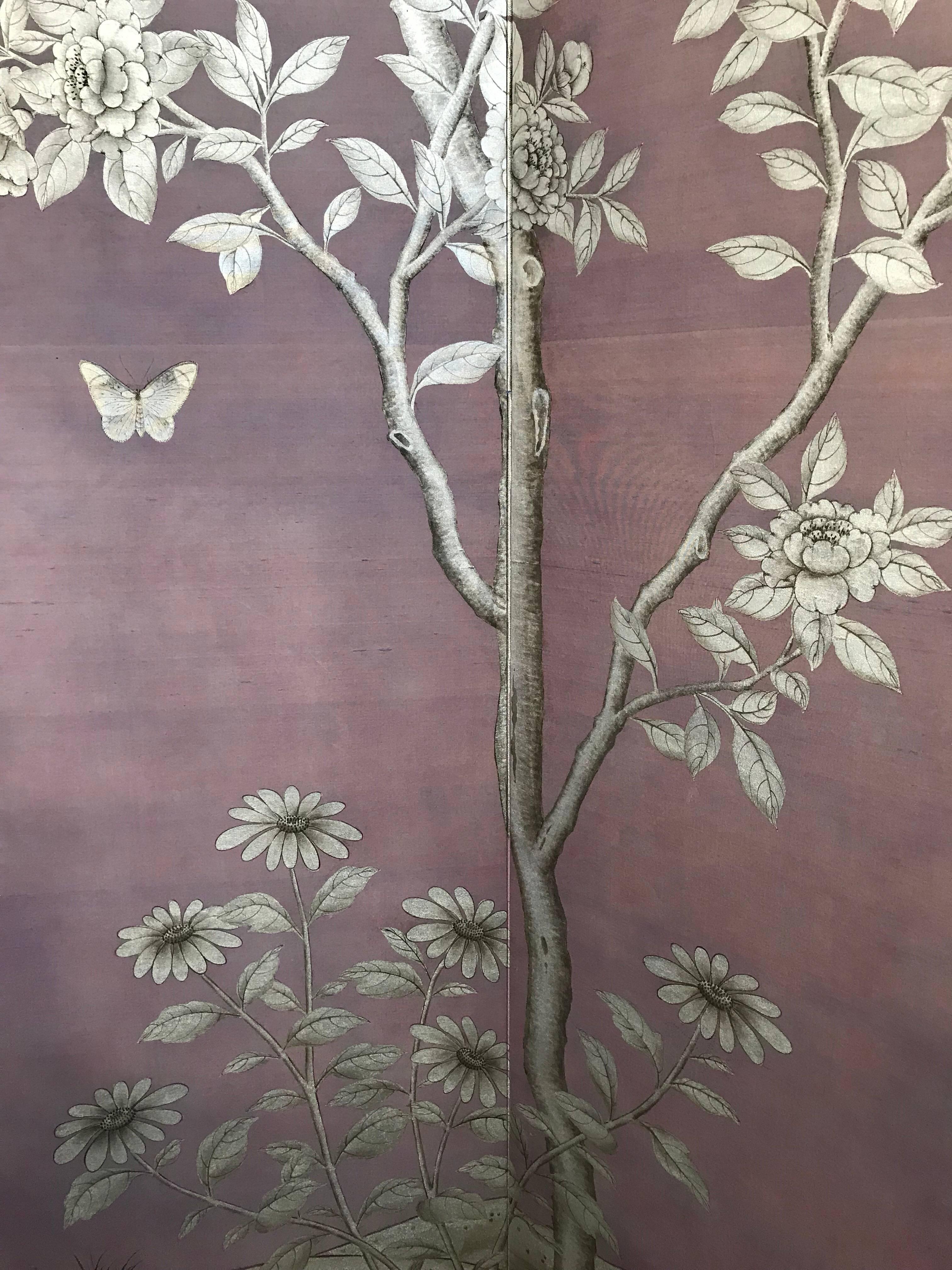 Gracie Silk Hand-Painted Screen with Silver Design For Sale 1