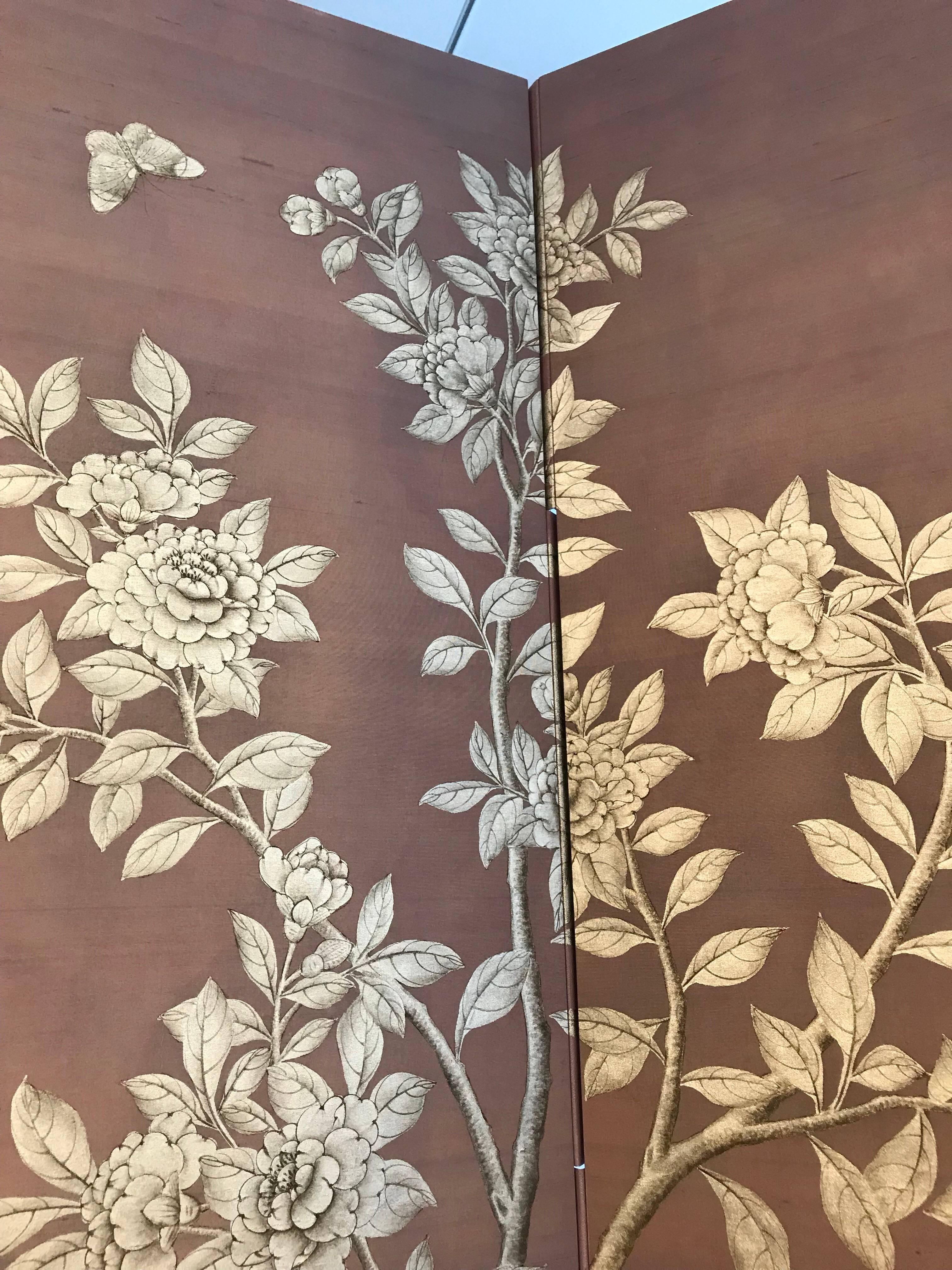 Gracie Silk Hand-Painted Screen with Silver Design For Sale 2