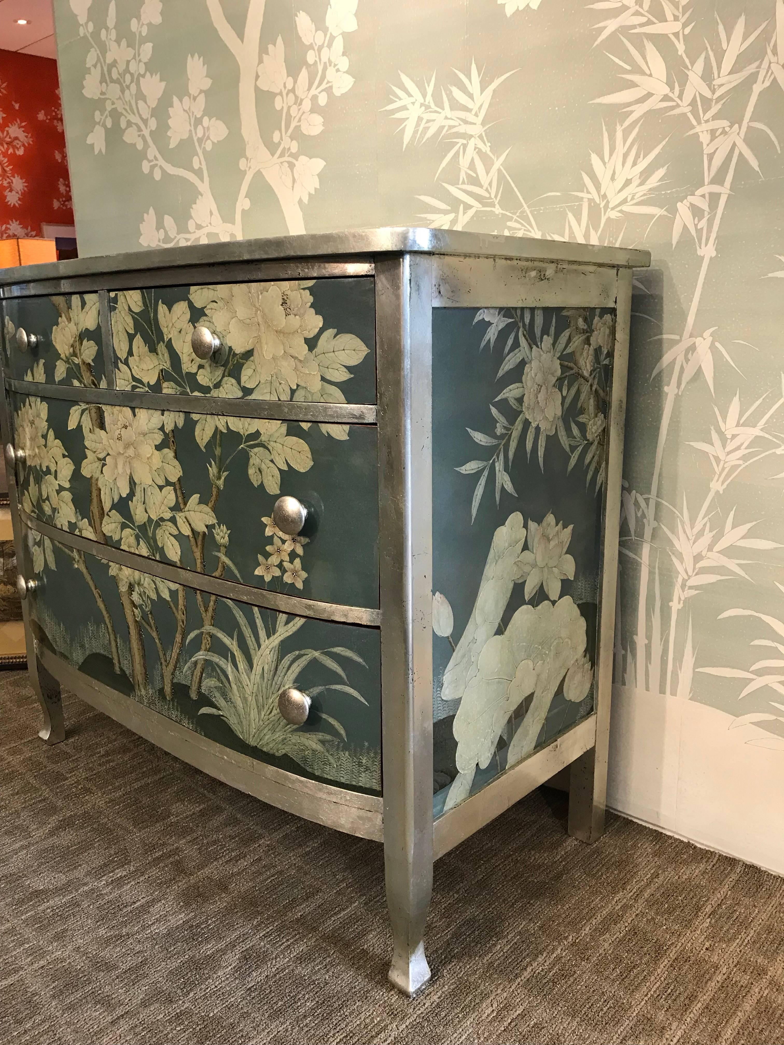 Vintage dresser with hand-painted Gracie wallpaper panel applied on drawer fronts and sides, lacquered.