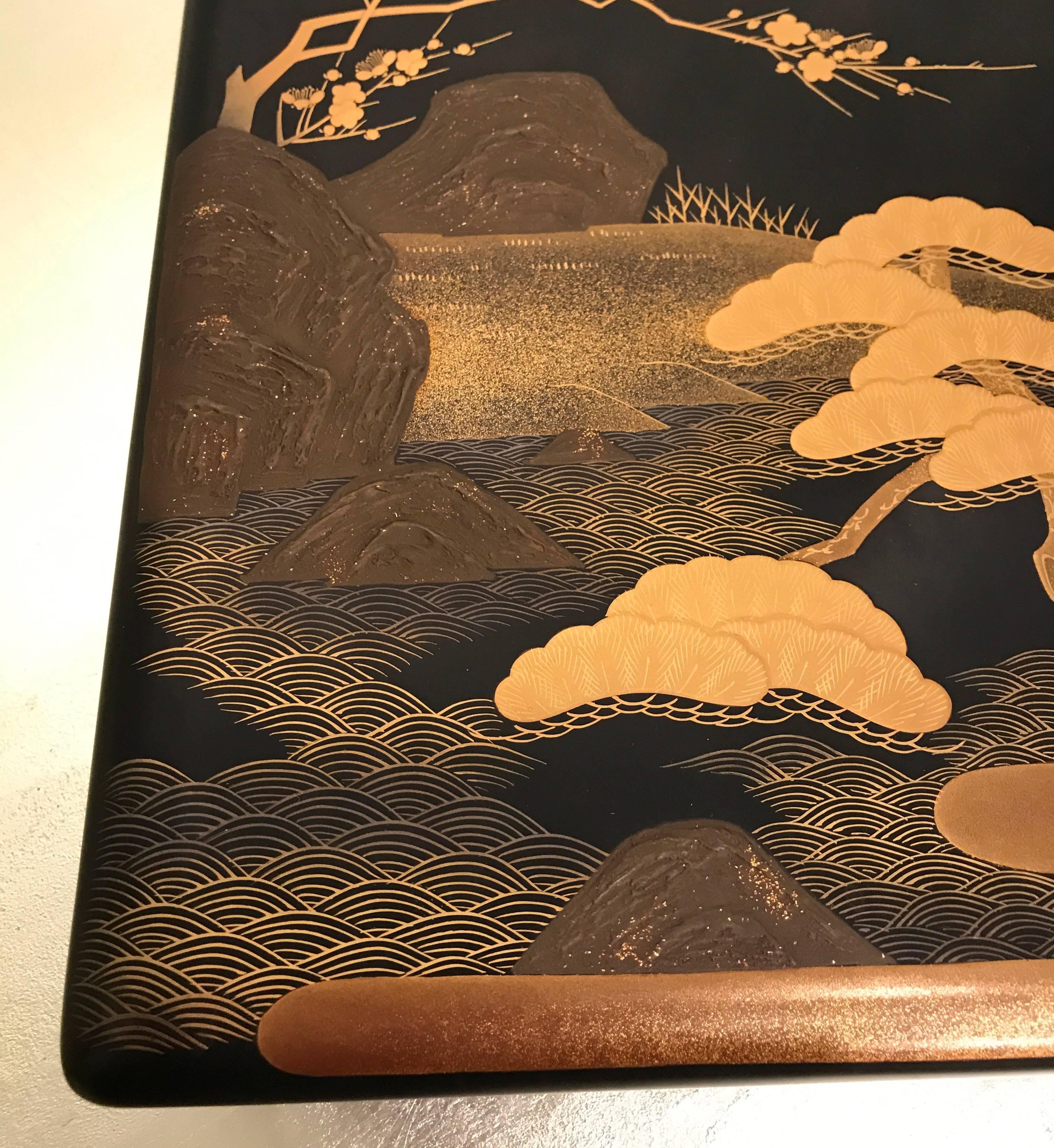 Lacquered Japanese Lacquer Box with Gold Pine Trees