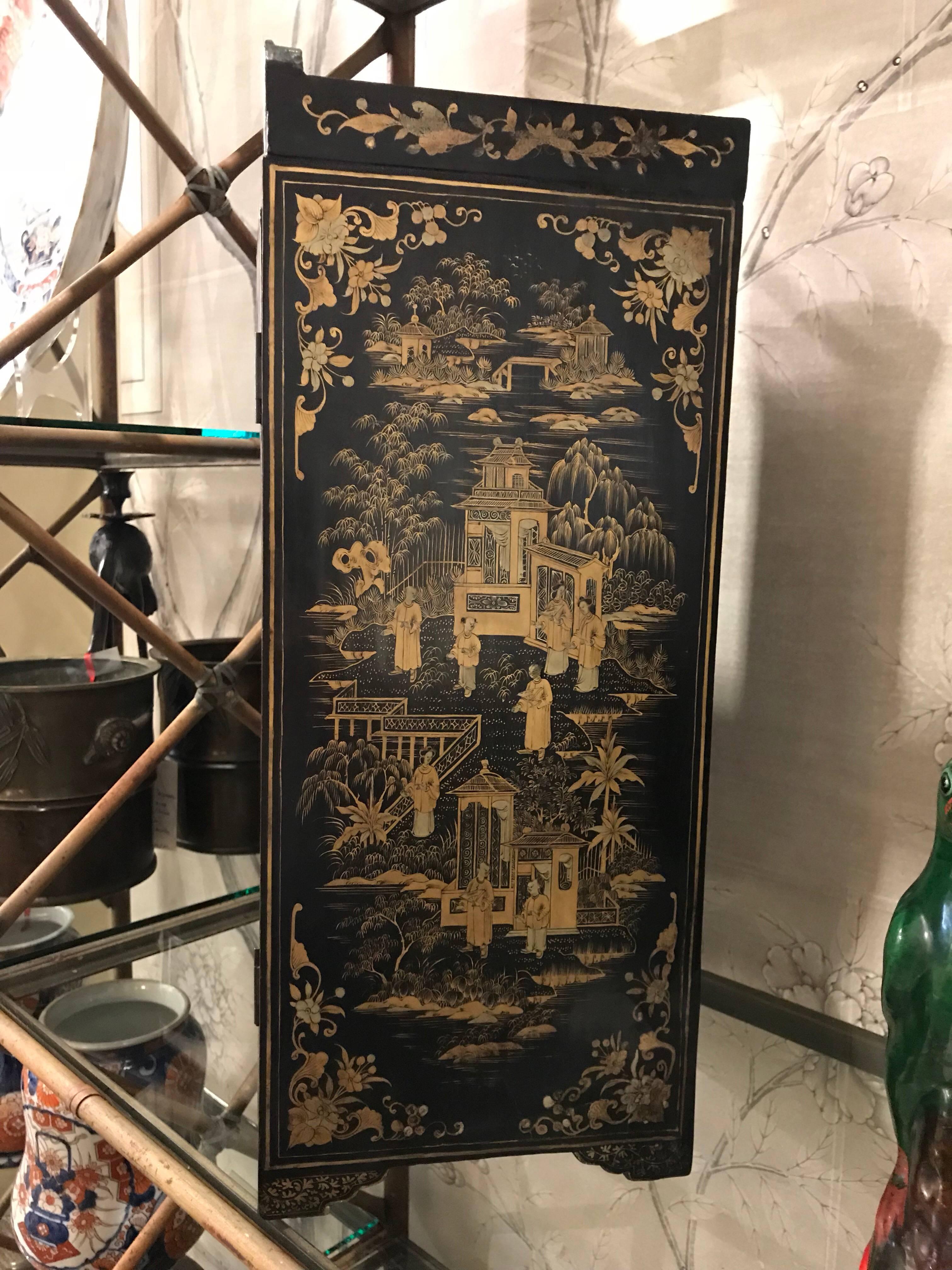 Hand-Painted Black and Gold Lacquer Chinese Cabinet For Sale