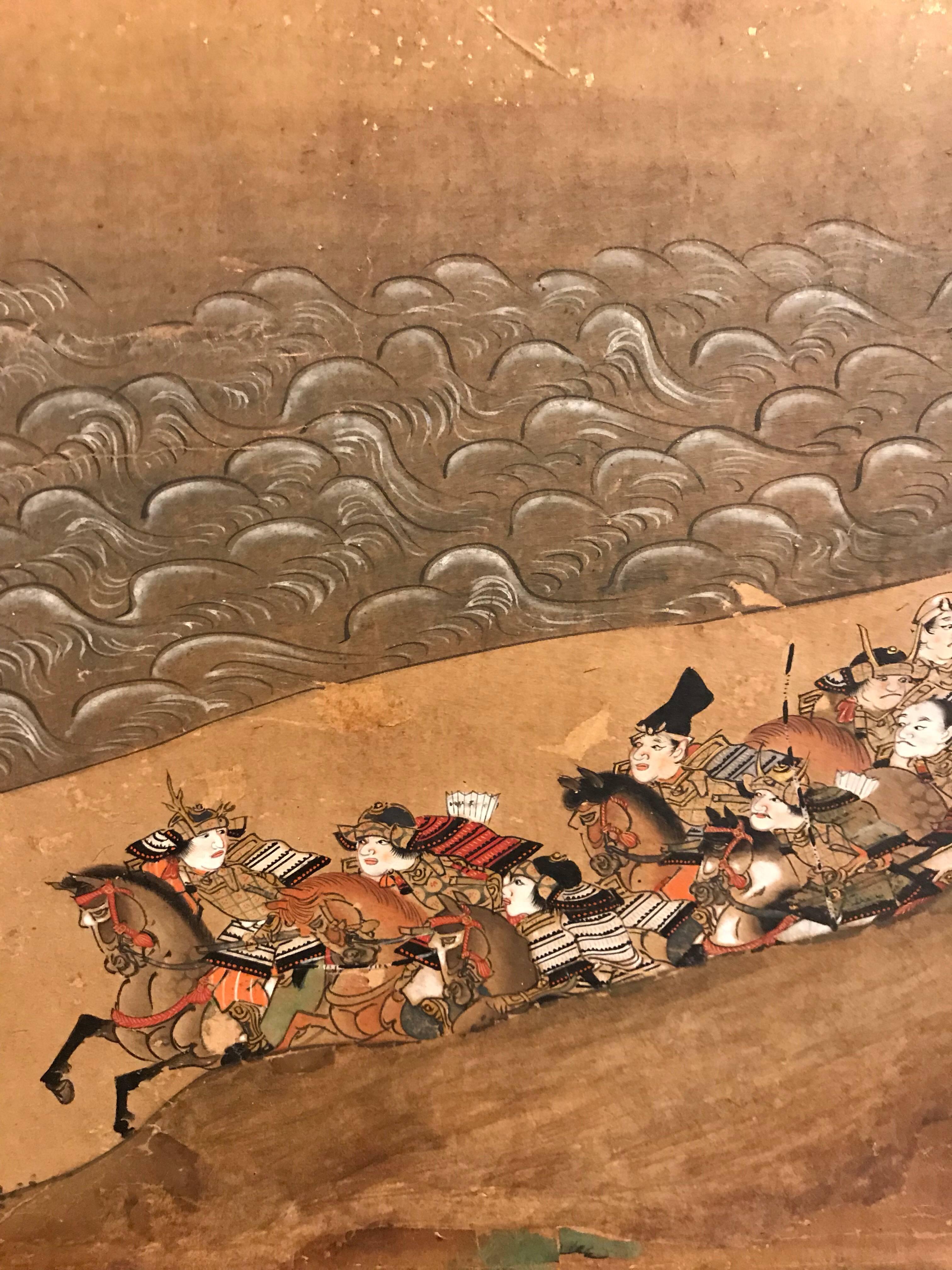 A six panel Japanese screen with separate finely painted and very detailed scenes of samurai in battle.