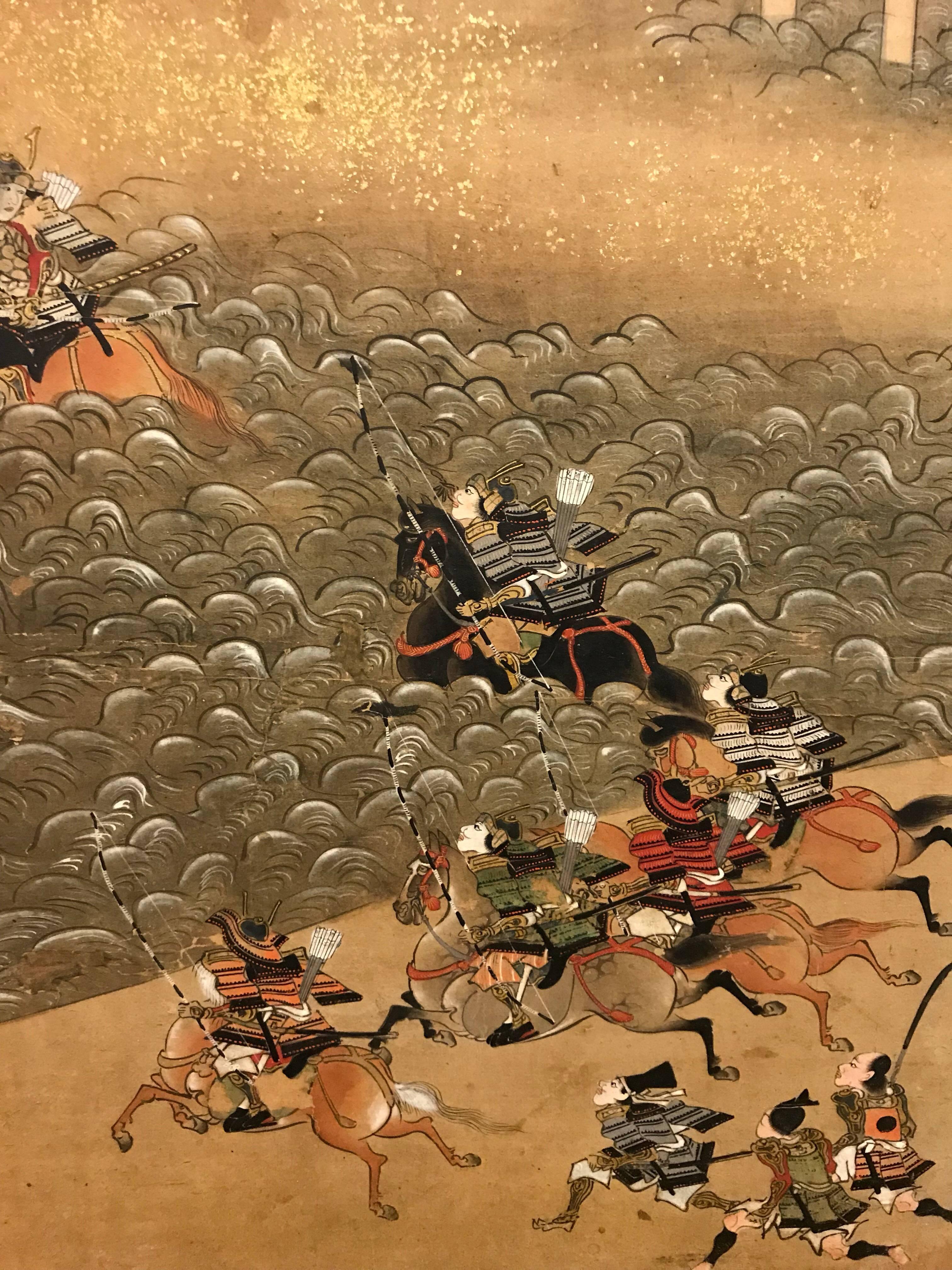 Hand-Painted Six-Fold Japanese Screen with Samurai For Sale
