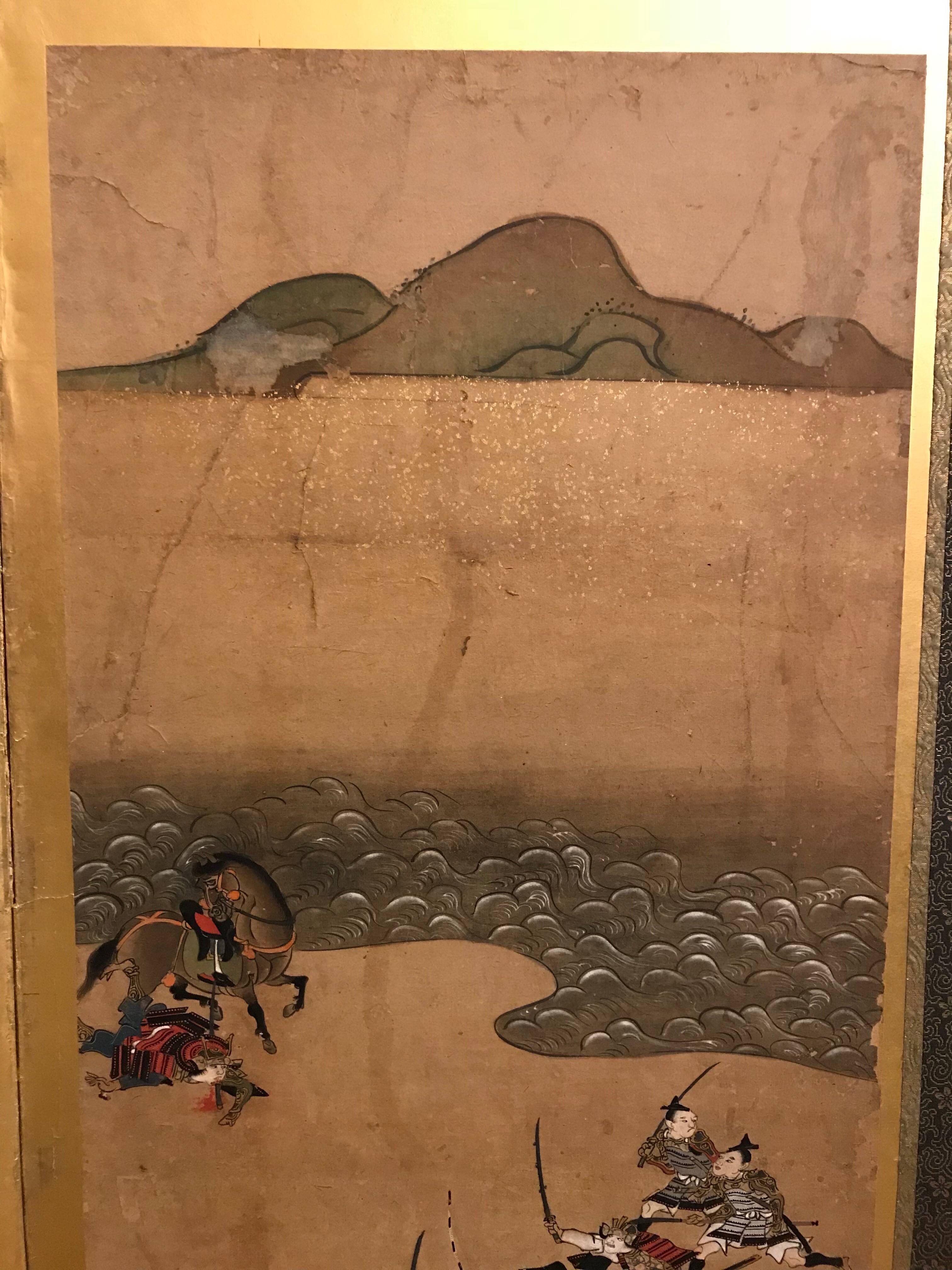 19th Century Six-Fold Japanese Screen with Samurai For Sale