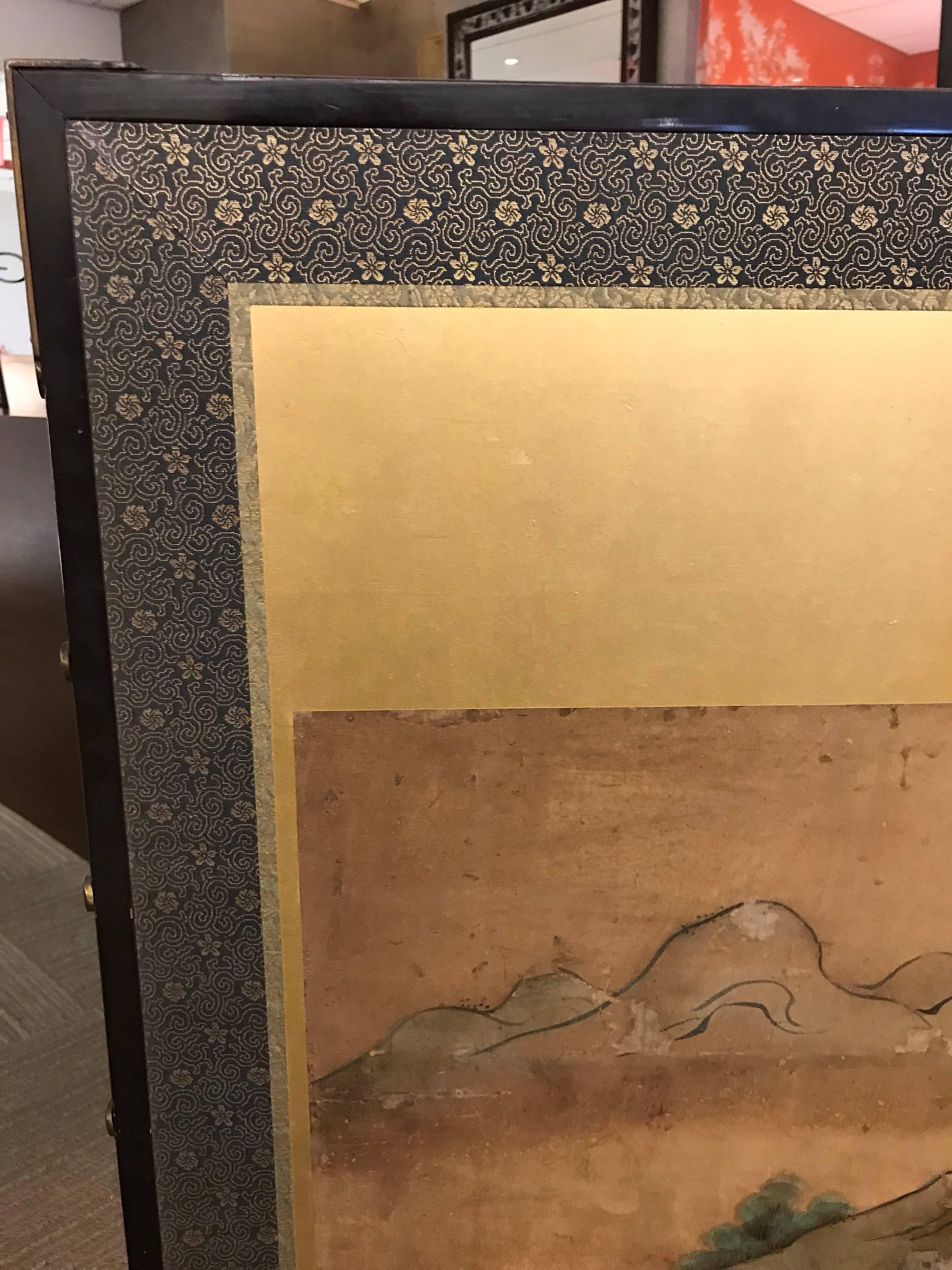 Gold Leaf Six-Fold Japanese Screen with Samurai For Sale