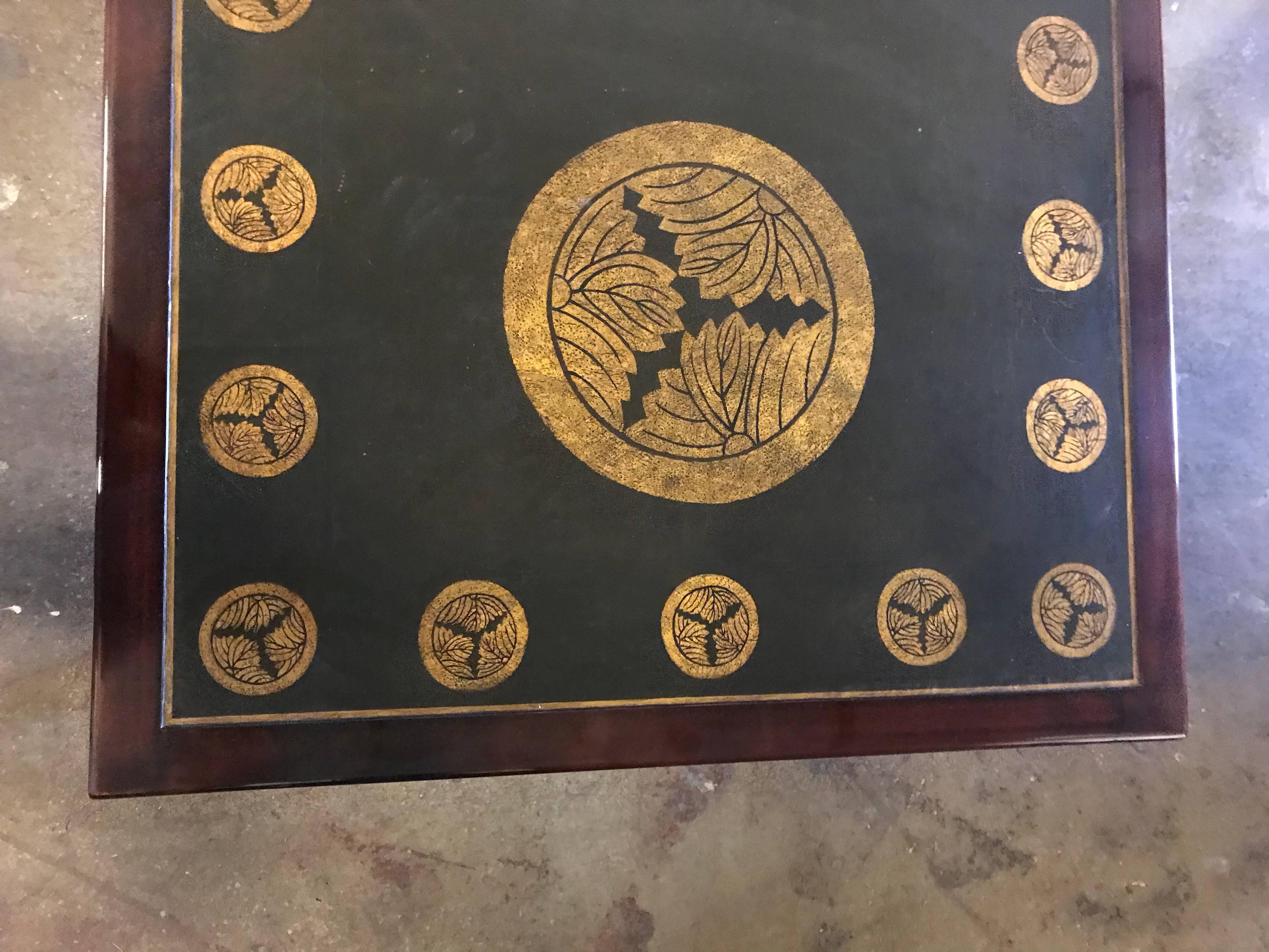 Lacquered Coffee Table with Antique Japanese Crests For Sale