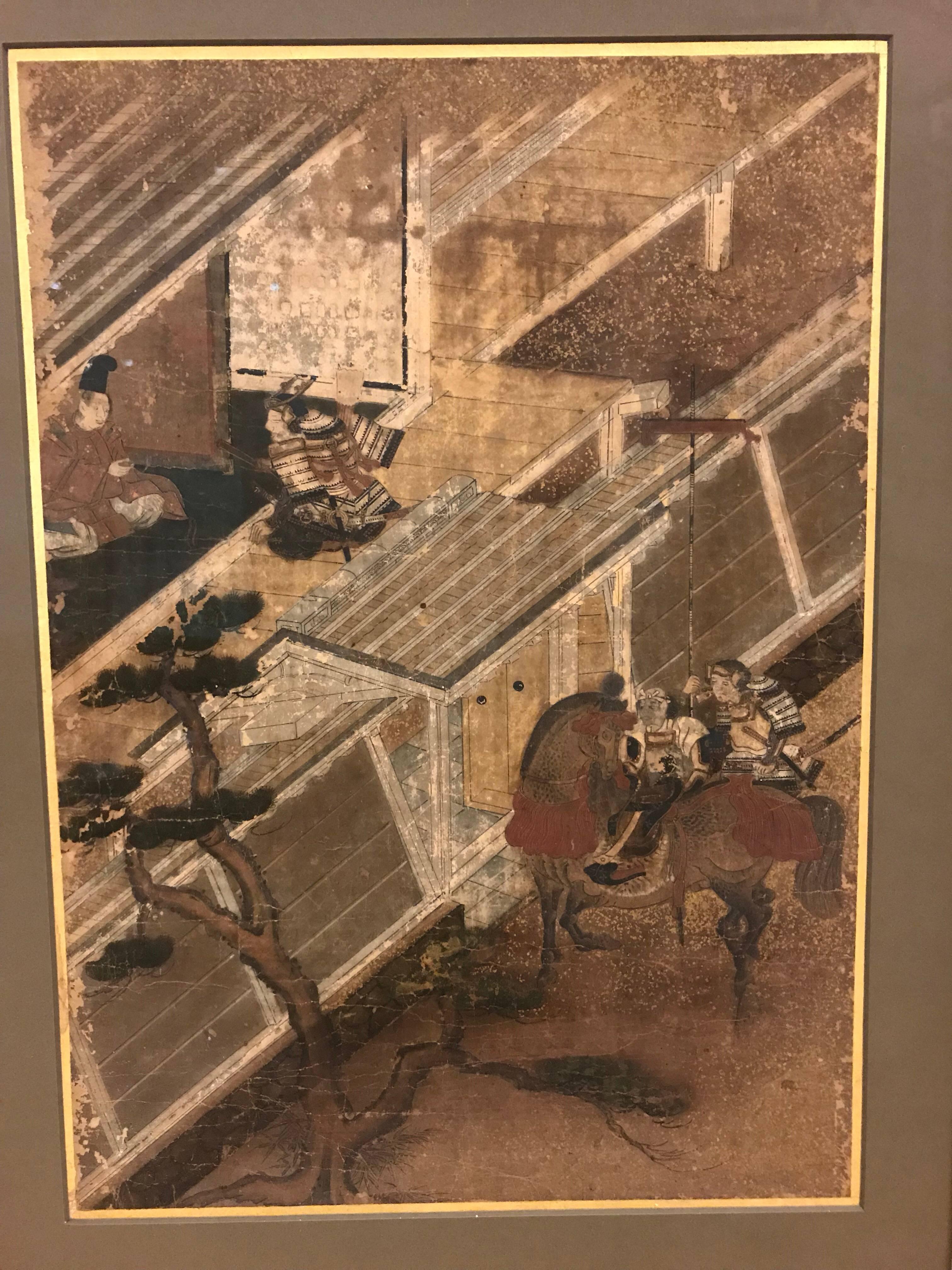 Set of framed Japanese Edo period (1603-1868) paintings with samurai in a landscape. May be purchased individually as well.
