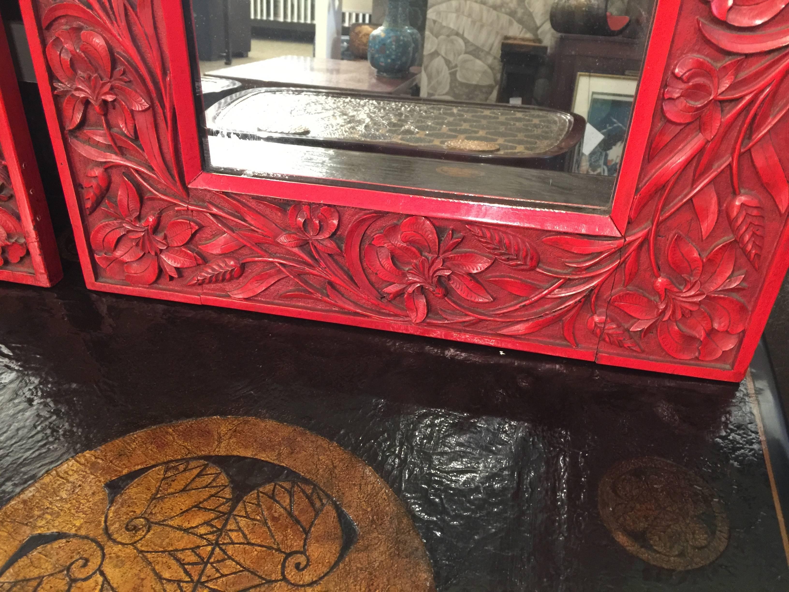 Unknown Pair of Red Lacquer Chinoiserie Mirrors