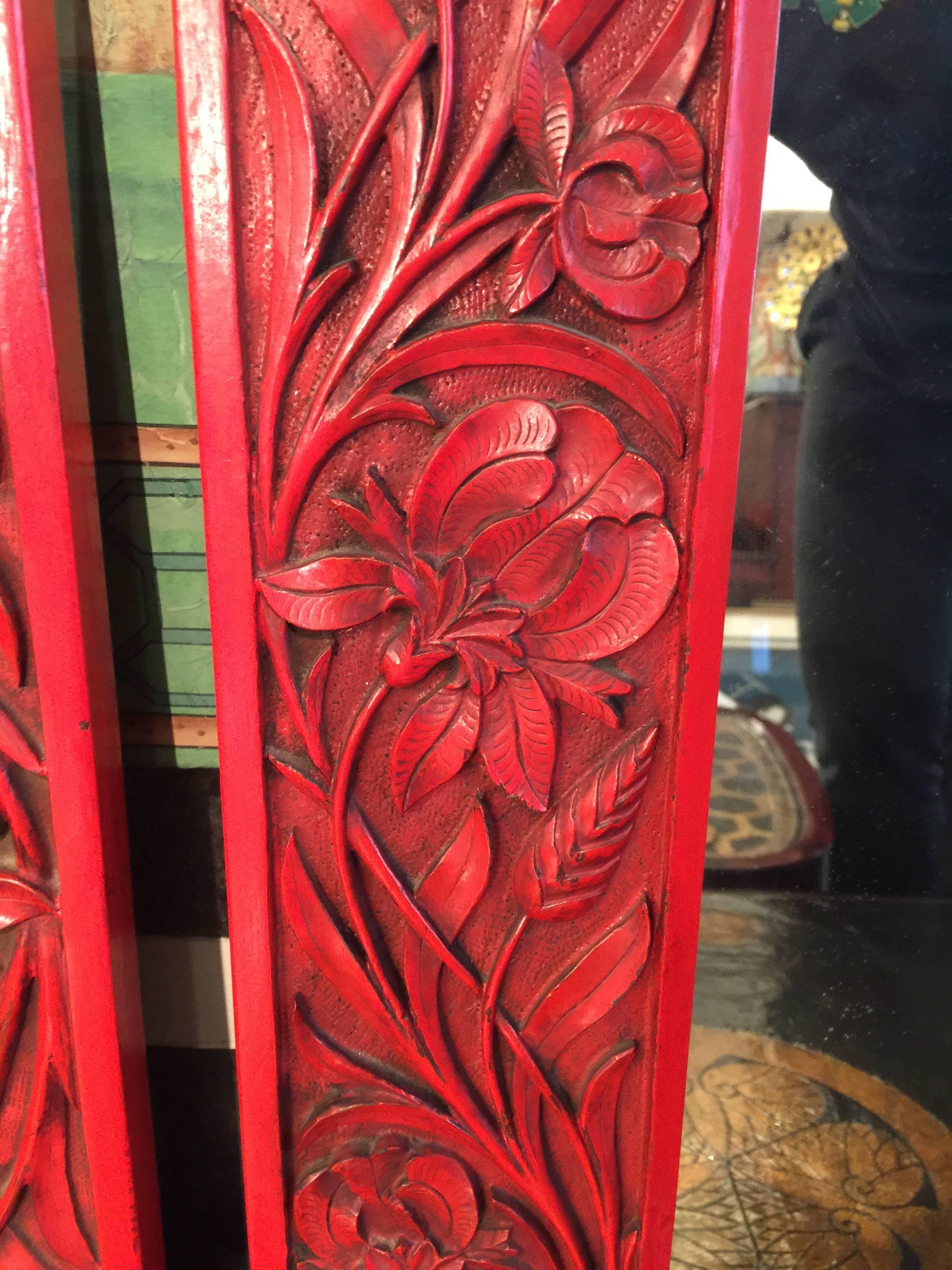 Lacquered Pair of Red Lacquer Chinoiserie Mirrors