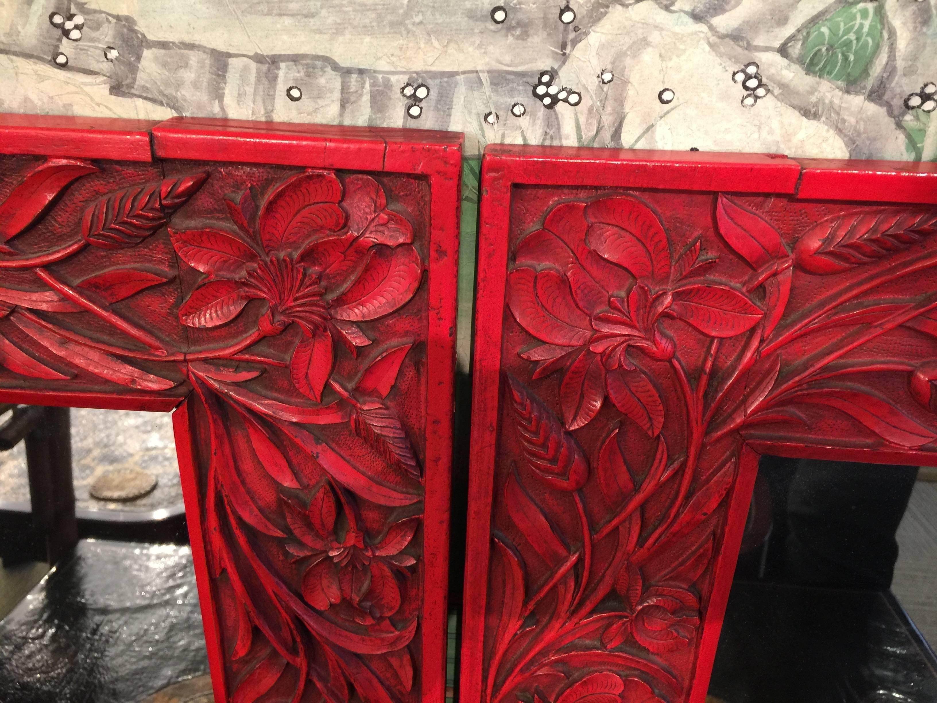 20th Century Pair of Red Lacquer Chinoiserie Mirrors