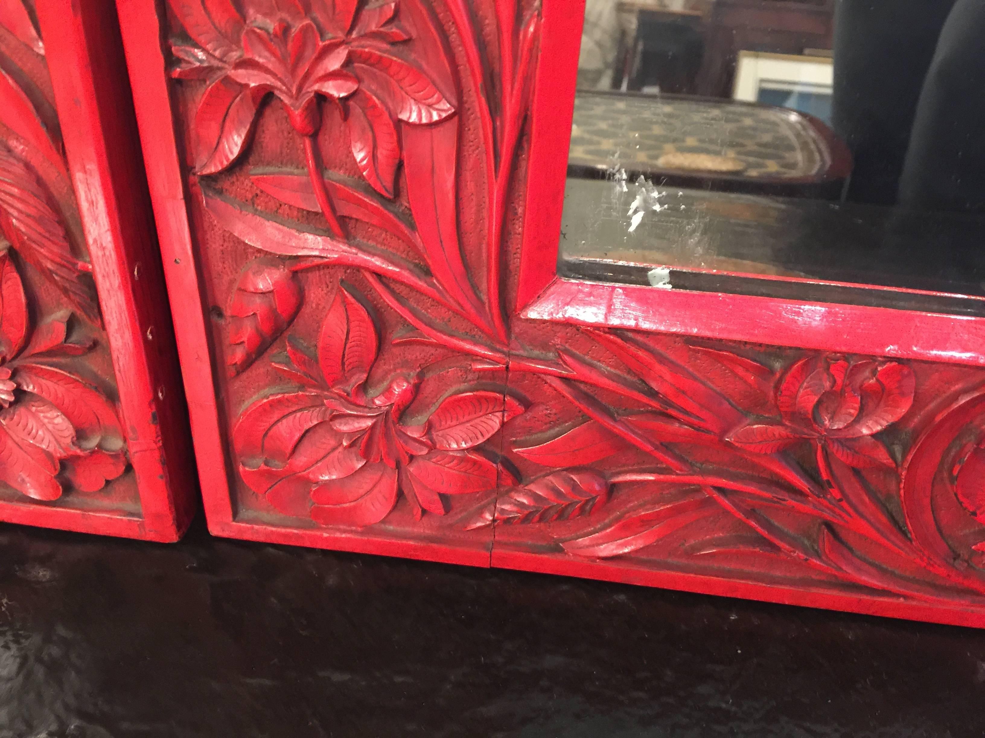 Wood Pair of Red Lacquer Chinoiserie Mirrors