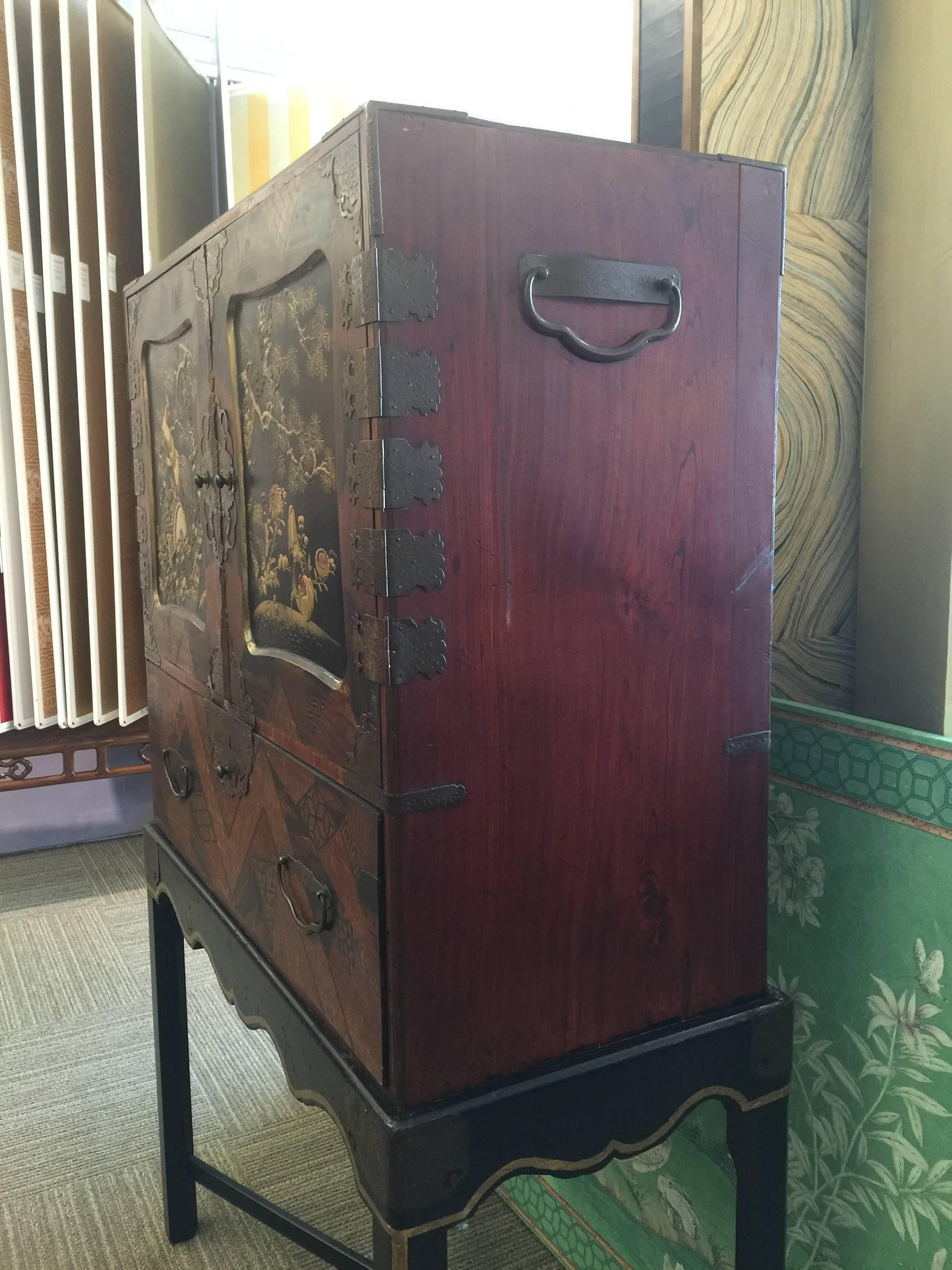 Antique Japanese Marquetry and Lacquer Cabinet on Stand 1