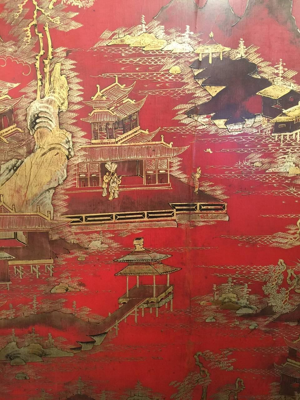 Hand-Painted Massive Red Chinese Lacquer Panel with Gold Landscape and Fret For Sale