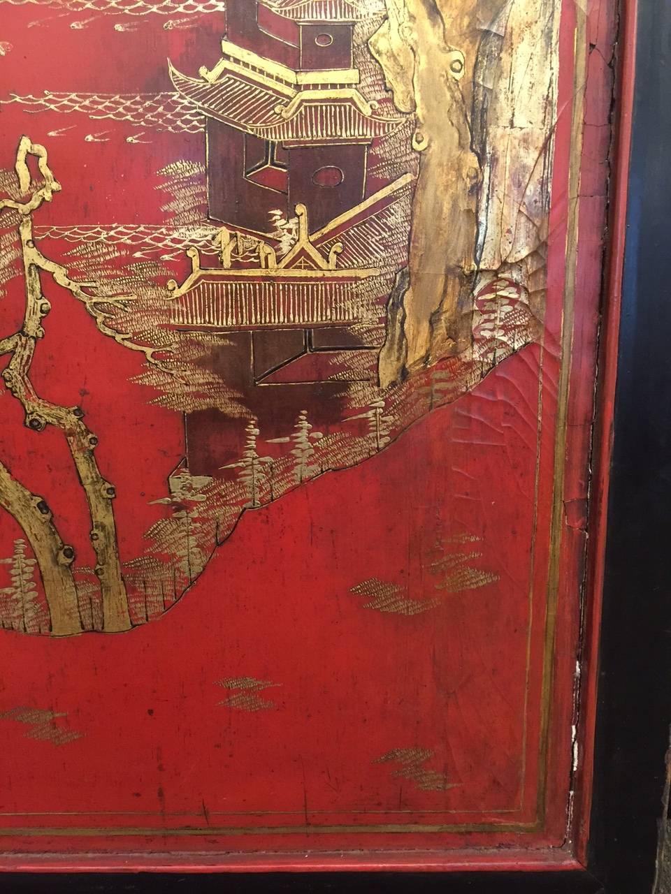 Massive Red Chinese Lacquer Panel with Gold Landscape and Fret In Good Condition For Sale In New York, NY
