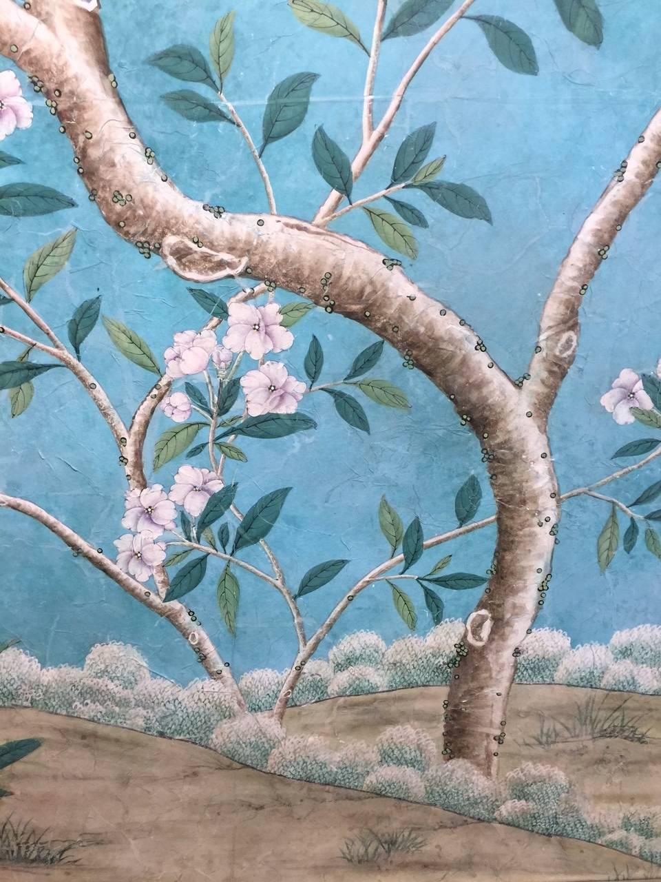 A beautiful section of hand-painted Gracie wallpaper. This was antiqued to look like a restored piece of 18th century Chinese scenic wallpaper.

This was hand-painted about five years ago, and recently framed.

Design is of a flowering tree,