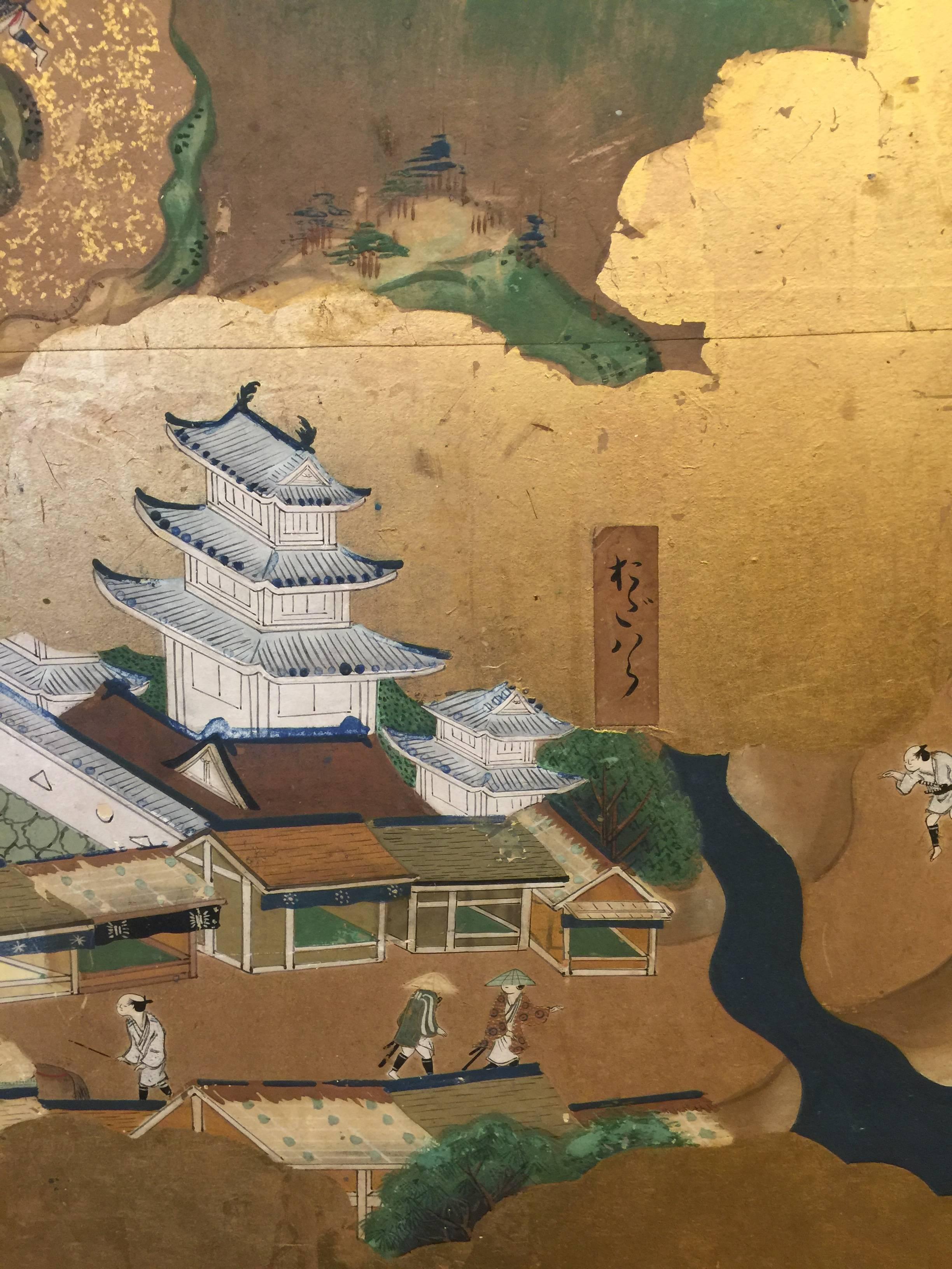 Hand-Painted Late 18th-19th century Japanese Screen, Byobu, Scenes from Kyoto to Tokyo