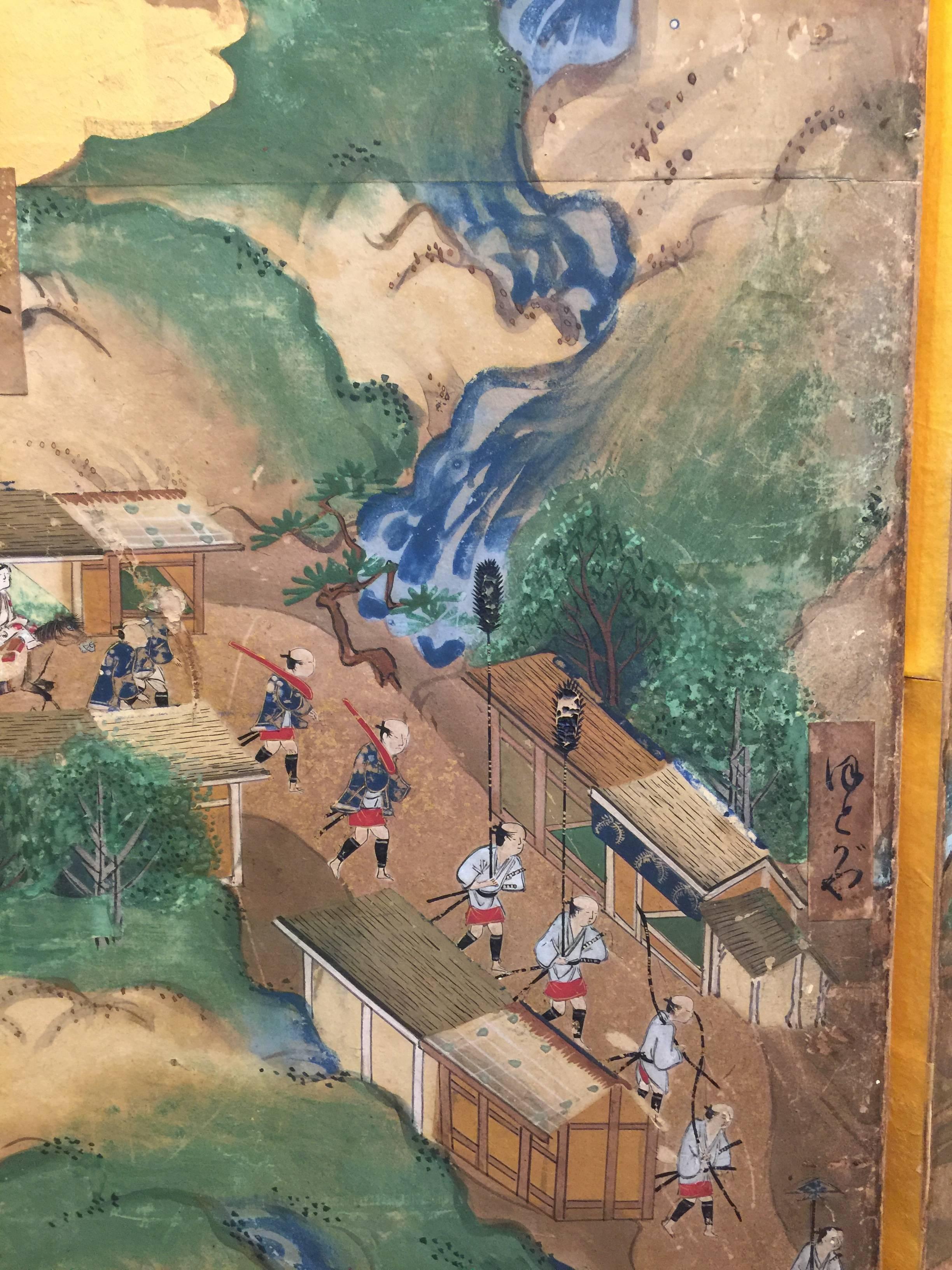 Late 18th-19th century Japanese Screen, Byobu, Scenes from Kyoto to Tokyo In Good Condition In New York, NY