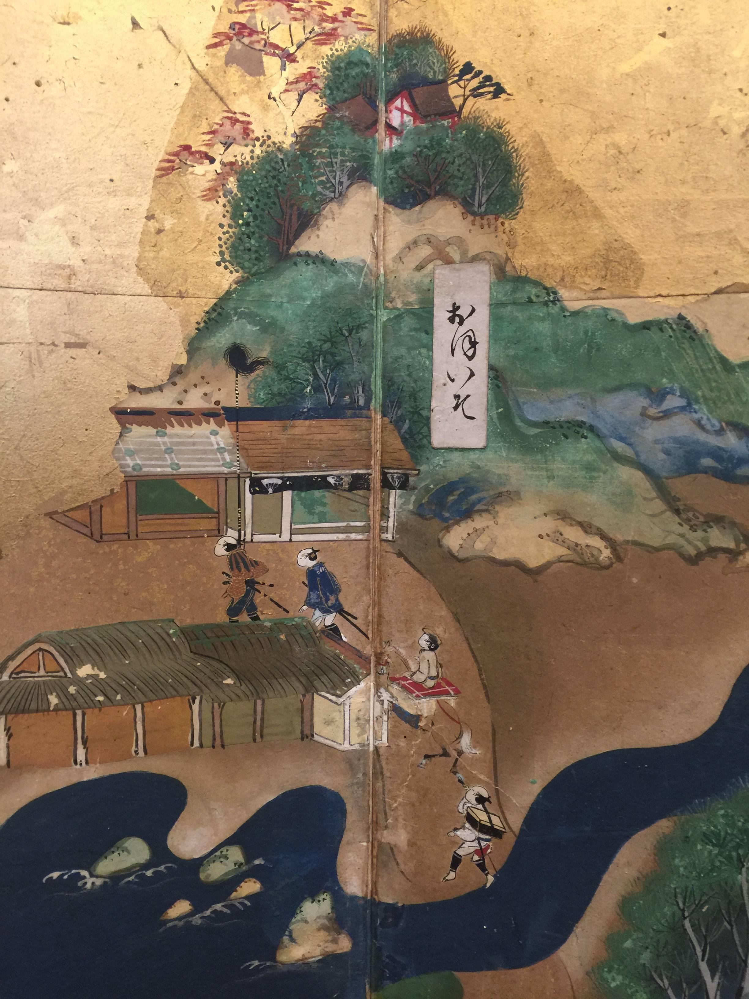 19th Century Late 18th-19th century Japanese Screen, Byobu, Scenes from Kyoto to Tokyo