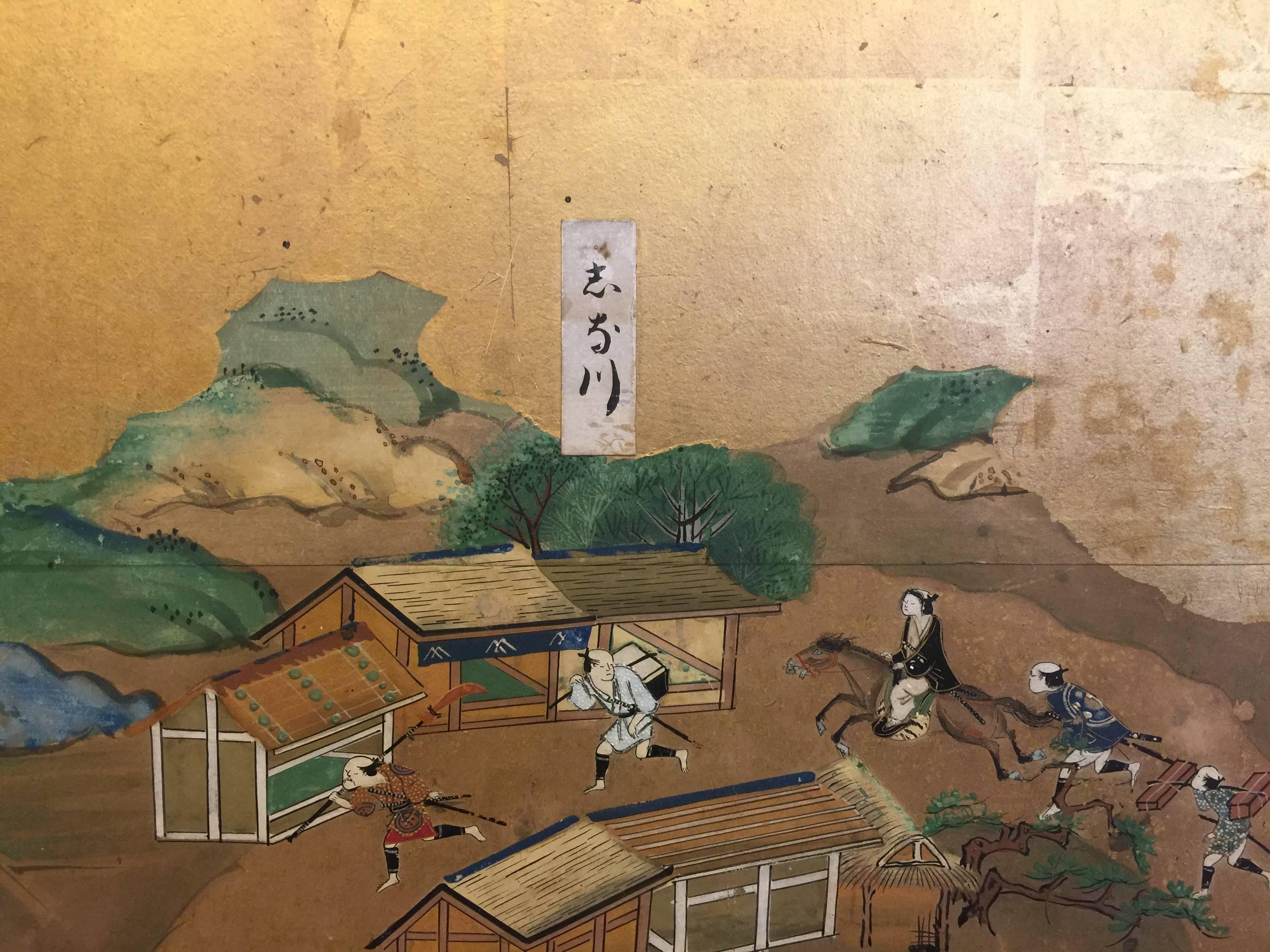 Late 18th-19th century Japanese Screen, Byobu, Scenes from Kyoto to Tokyo 1