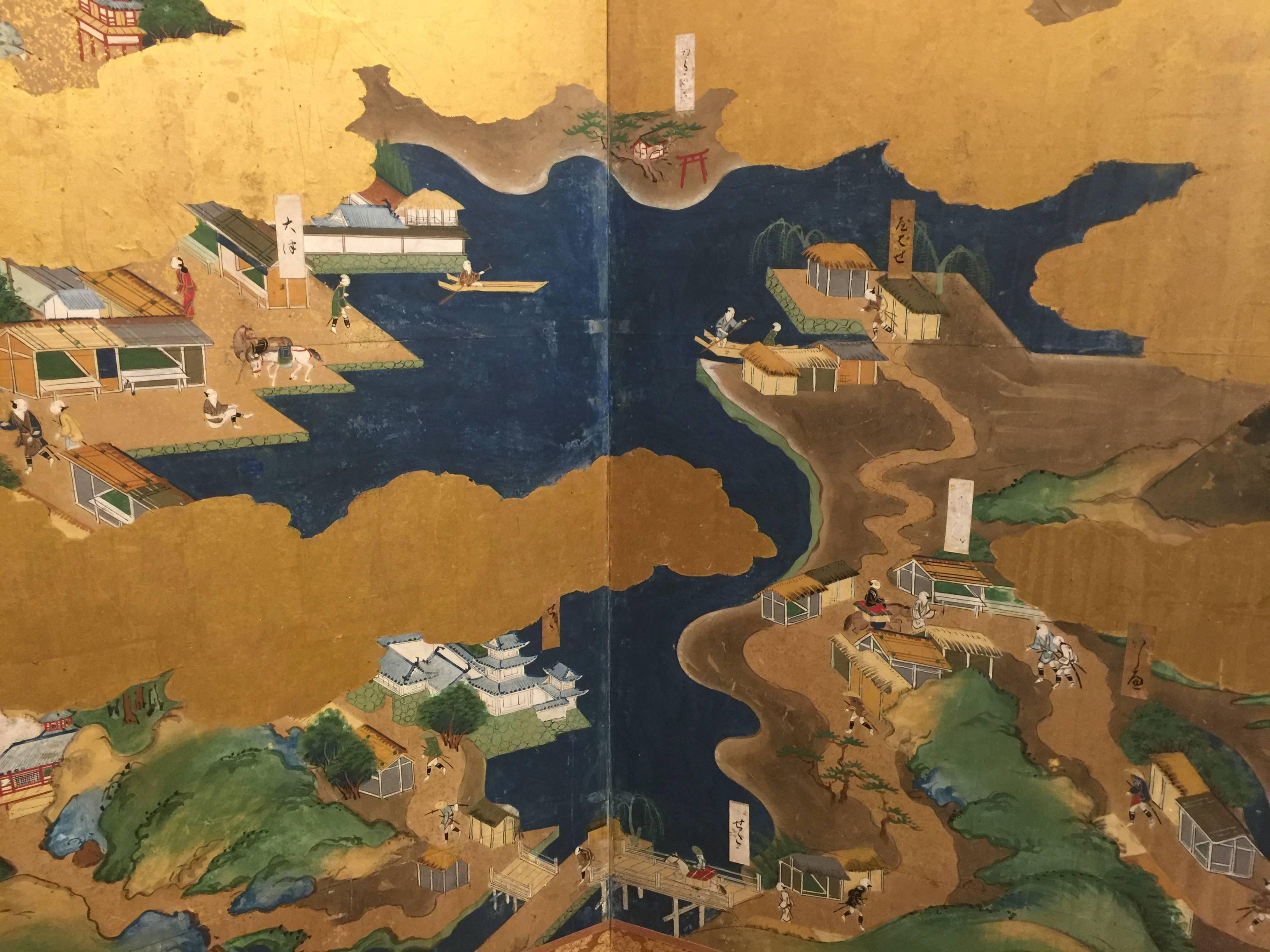 
There are two screens, which are a pair. Each has its own listing and photos.

This is a beautiful antique six-fold Japanese screen. The subject is "Tokaido", which features famous locations between Tokyo and Kyoto.

The design is