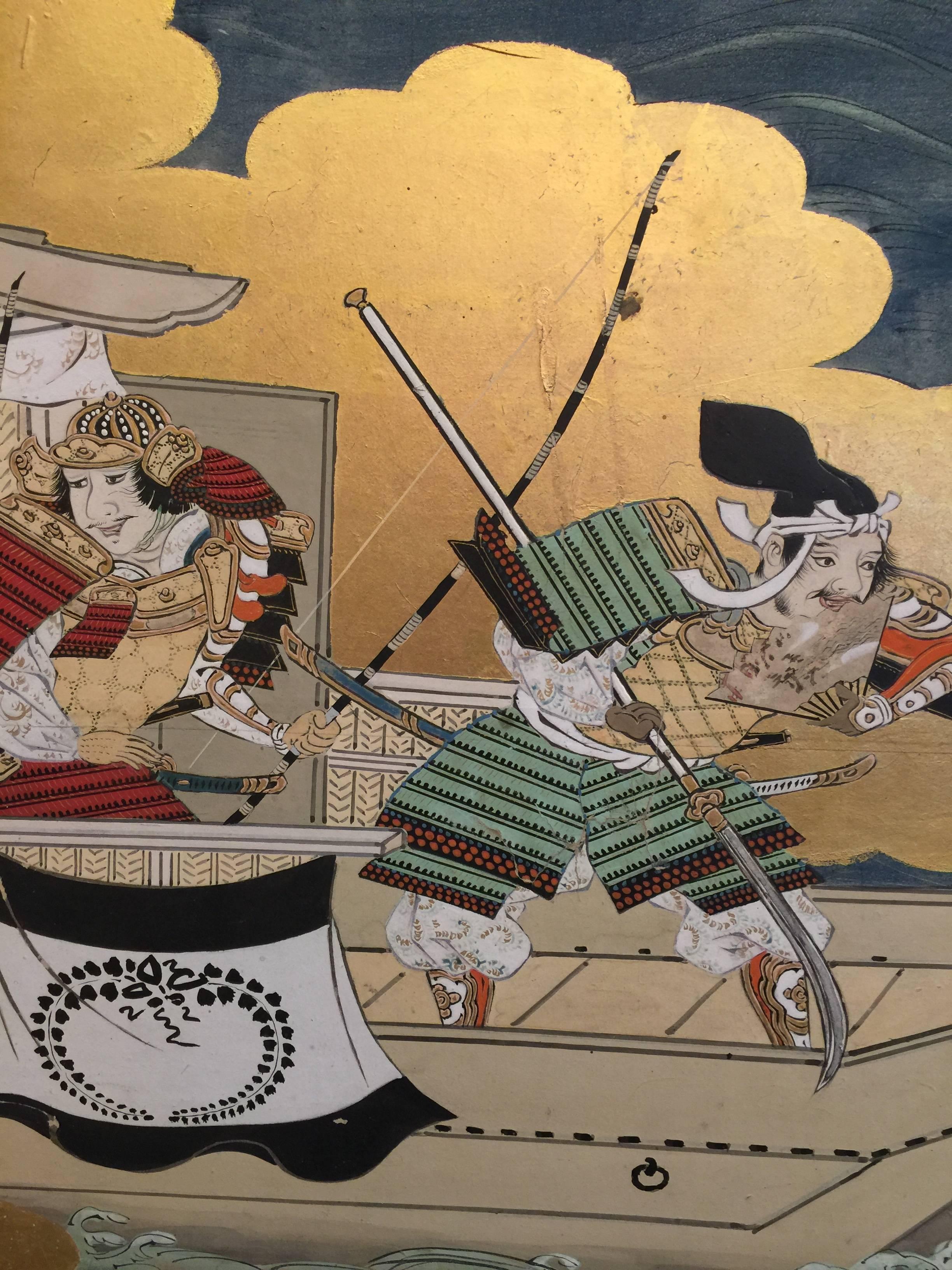 Hand-Painted 18th Century Japanese Battle Screen For Sale