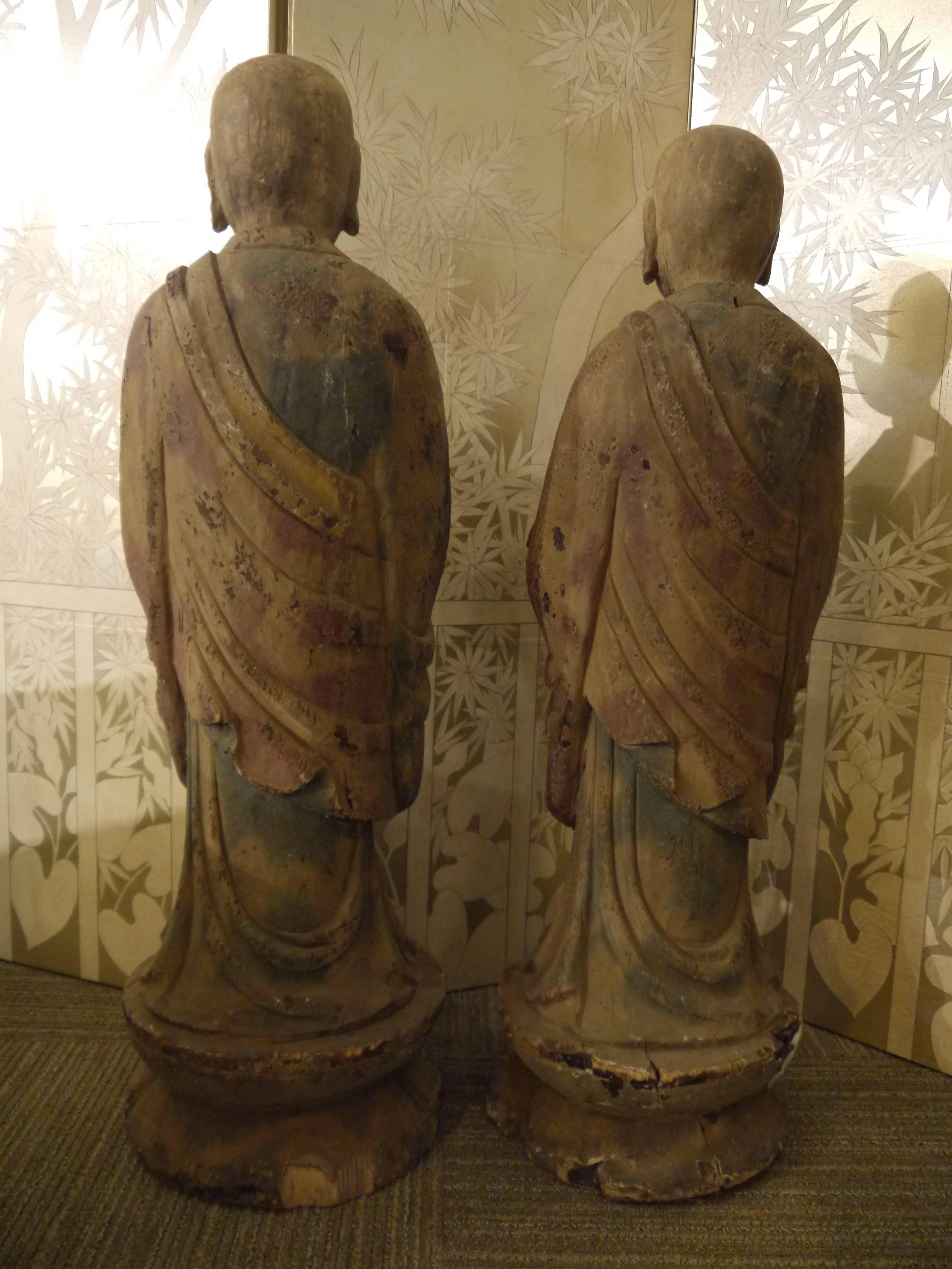 Wood Large Pair of Antique Chinese Lohans