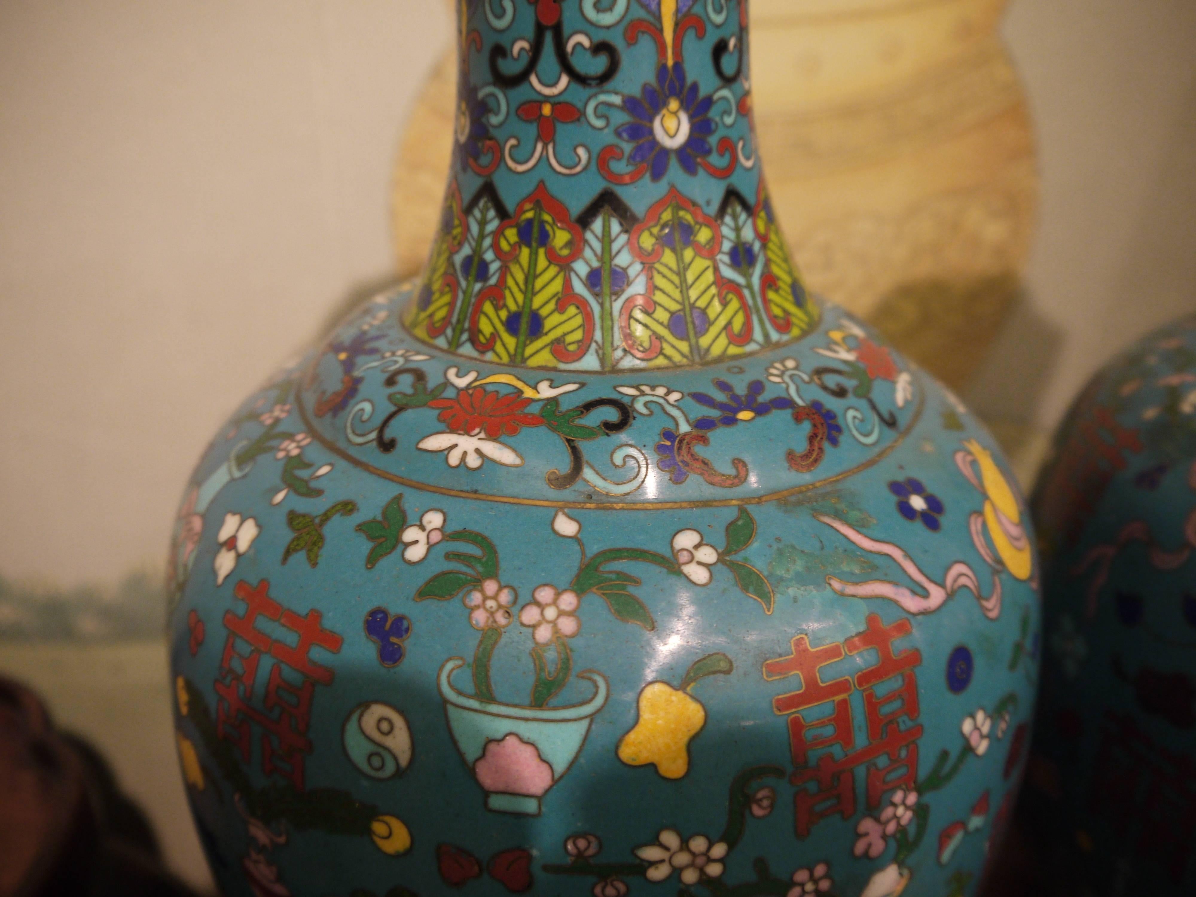 Metal Pair of Peacock Blue Bottle Shaped Vases