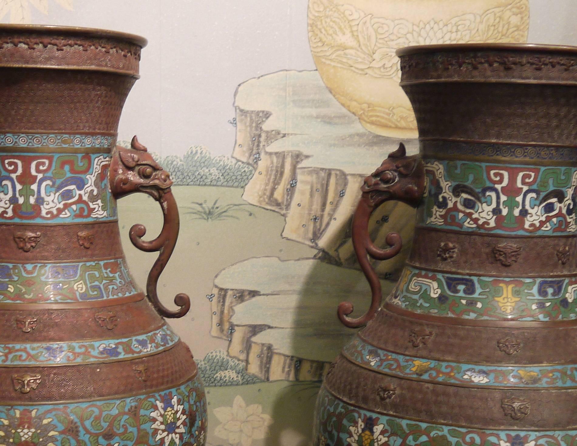 Massive Pair of Champlevé Japanese Vases In Good Condition For Sale In New York, NY