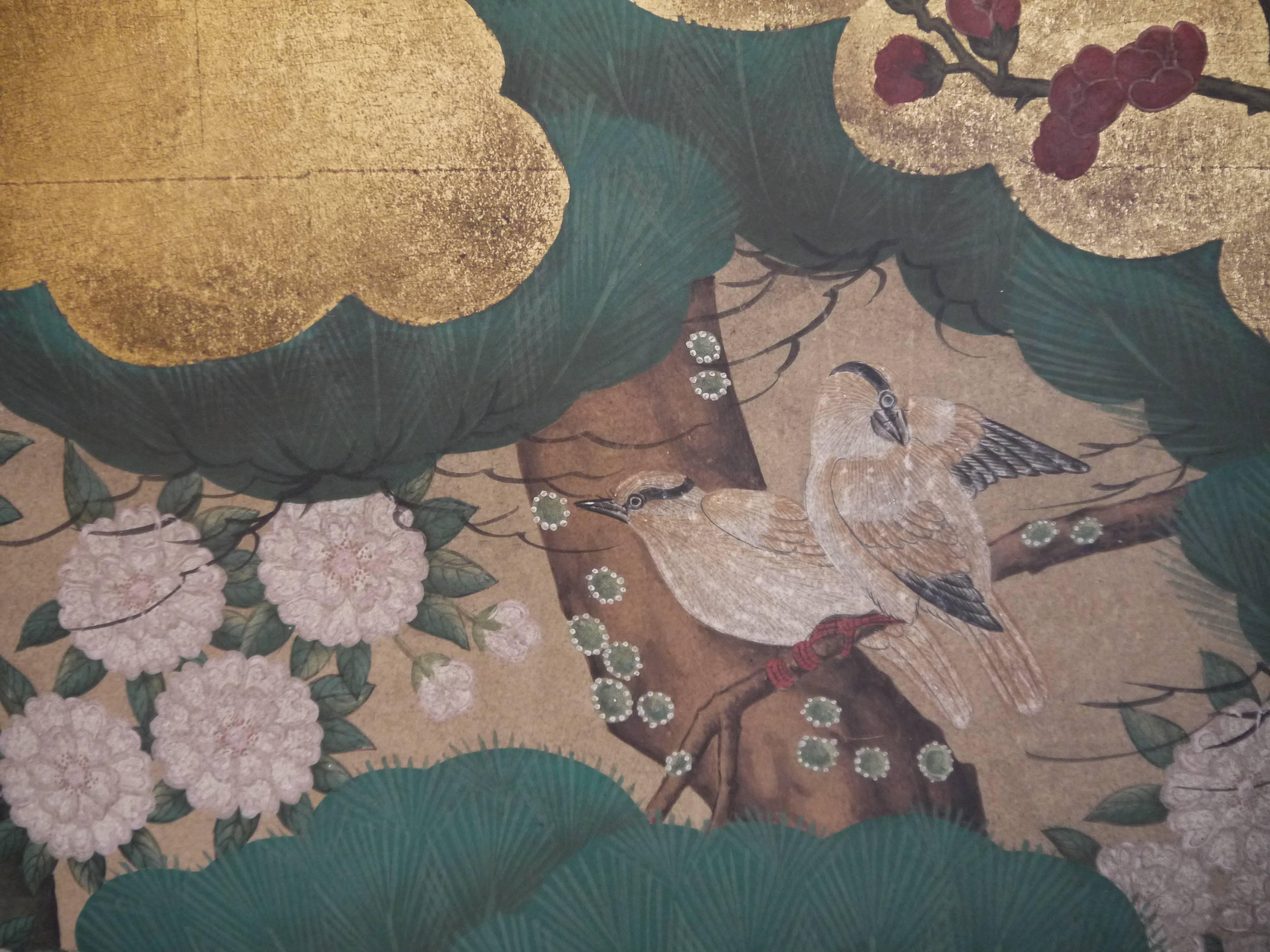 Chinese Handpainted Screen by Gracie - Gold Leaf, Peonies and Peacocks For Sale