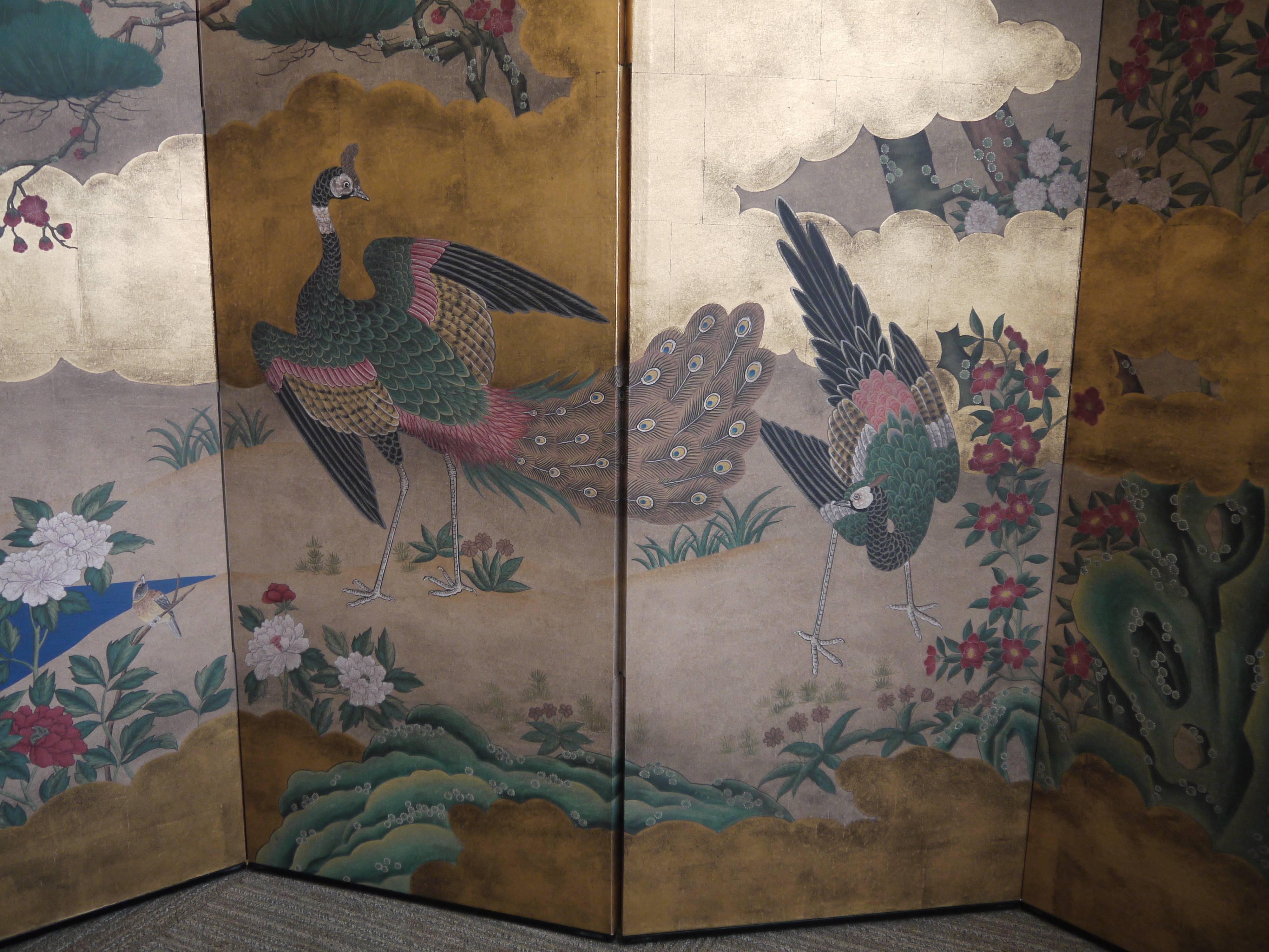 Handpainted Screen by Gracie - Gold Leaf, Peonies and Peacocks For Sale 1