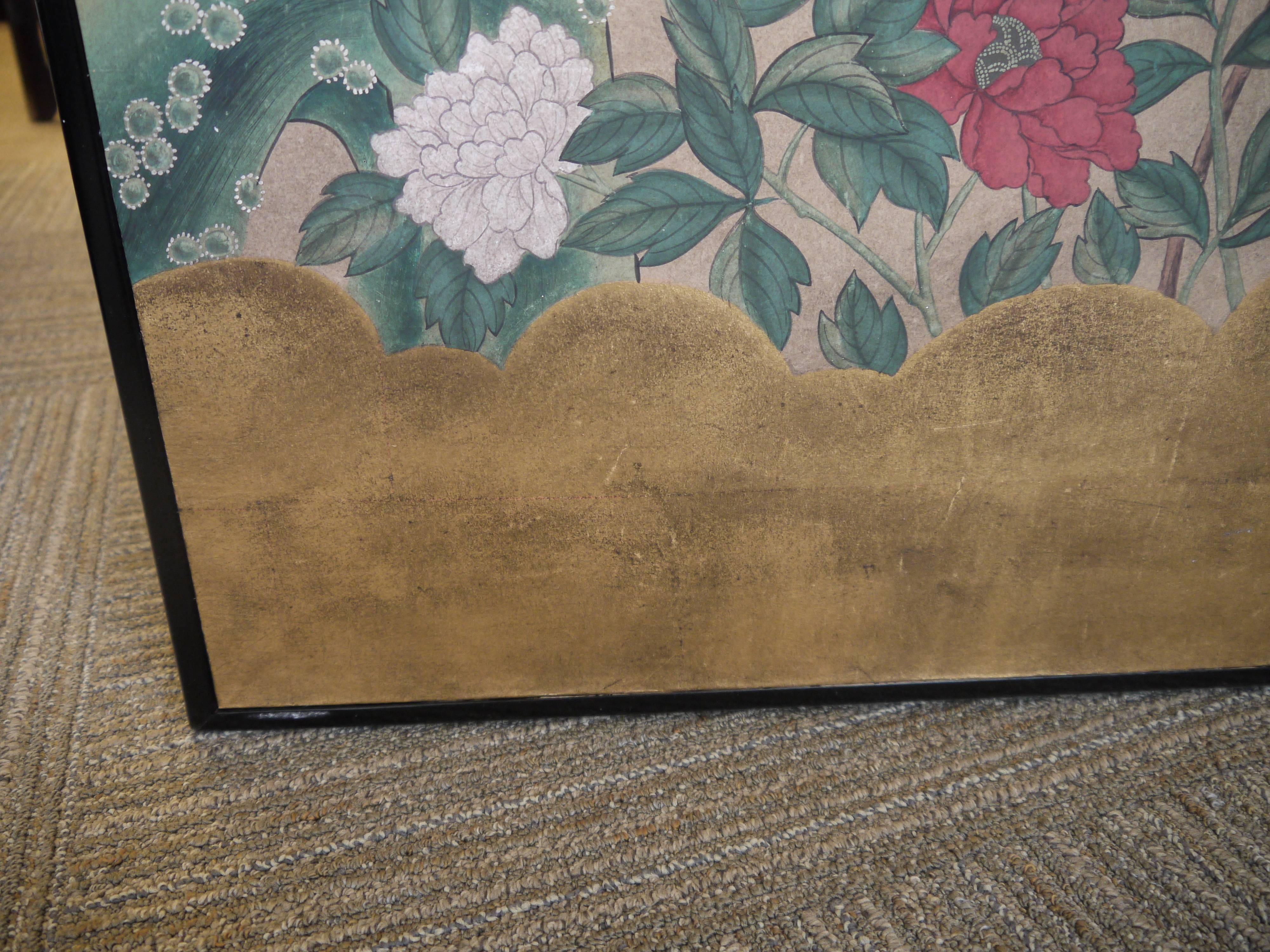 Handpainted Screen by Gracie - Gold Leaf, Peonies and Peacocks For Sale 3