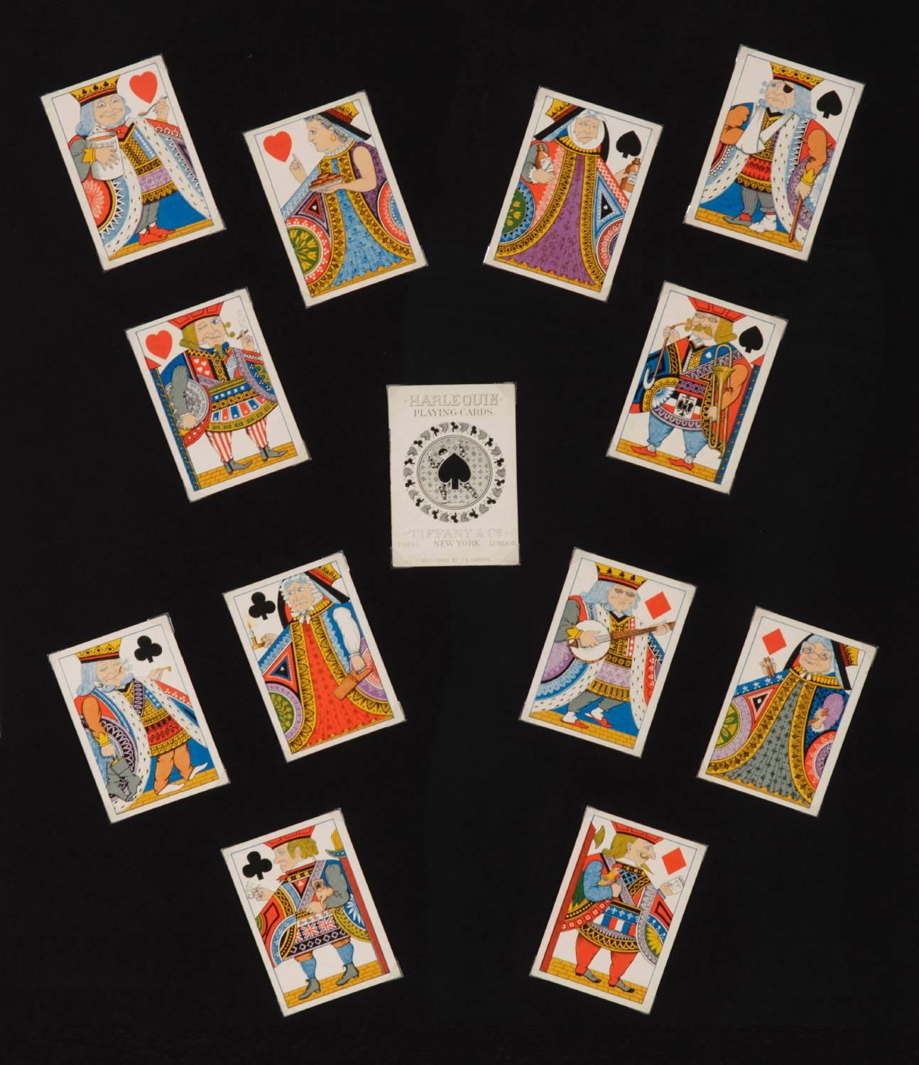 Antique playing cards by Tiffany & Company, circa 1879, Designed By Charles E. Carryl:

Fantastically graphic set of antique transformation playing cards, made by Tiffany & Company, circa 1879. Designed by Charles E. Carryl, this is a complete set
