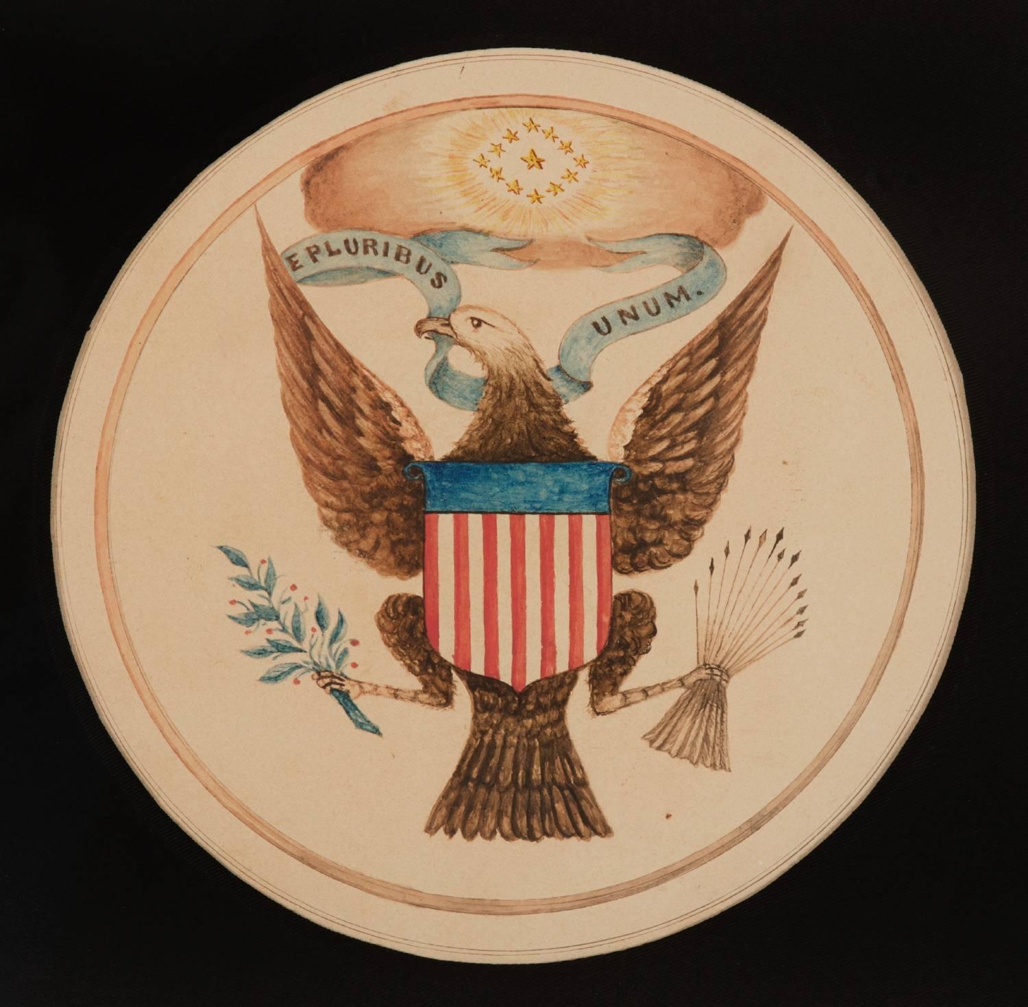 Watercolor painting of the Great Seal of the United States, circa 1820-1850:

Watercolor on paper of the Great Seal of the United States, with a circular pen and ink border. Drawn circa 1840, this beautiful rendition features a bald eagle facing