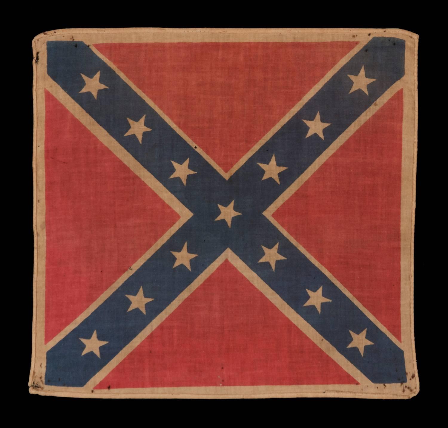 Confederate parade flag in the southern cross battle flag format, reunion period, 1910s-1920s:

 Confederate parade flag in the Southern cross “battle flag” style, printed on cotton, made sometime during the 1900-1940 era. Many people are
